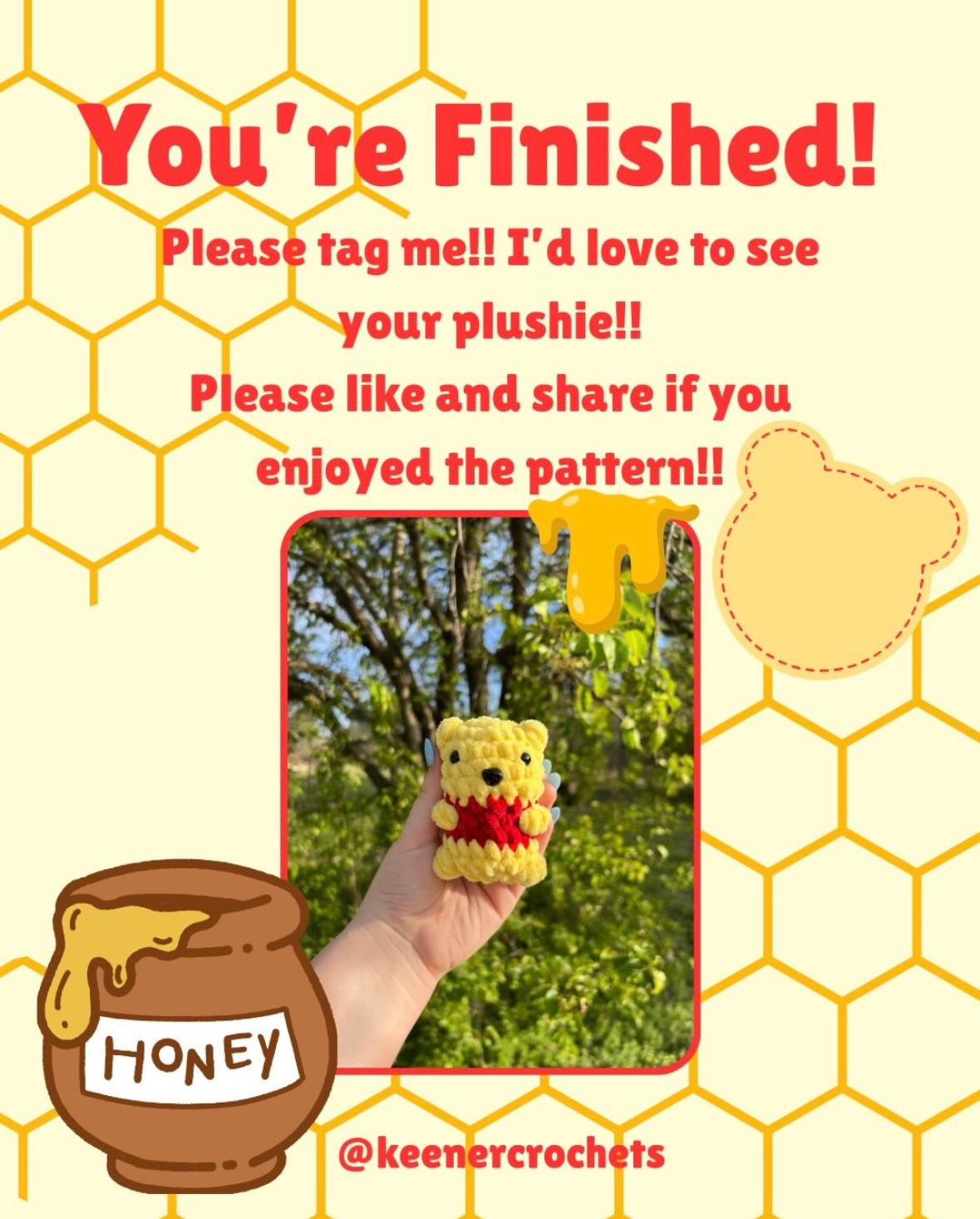 Free Mini Yellow Bear Crochet Pattern with Red Shirt by KeenerCrochets