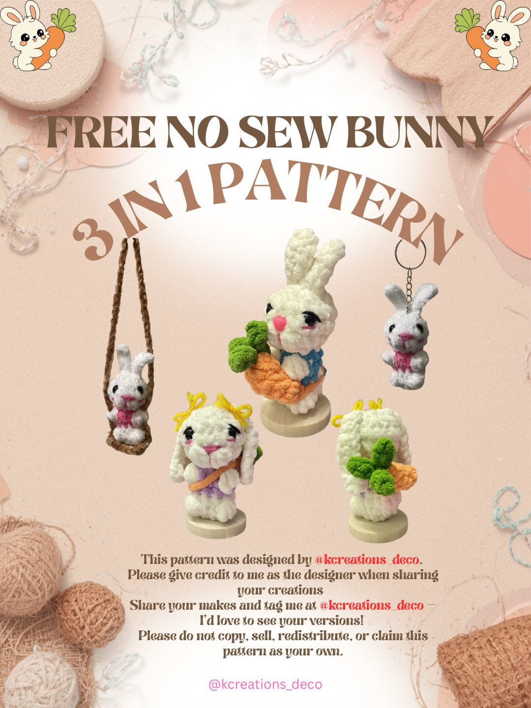 Free No Sew Bunny 3 in 1 Pattern: Amigurumi Keychain, Plushie & Car Hanger Tutorial
