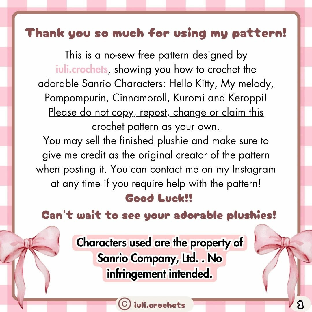 Free No-Sew Crochet Pattern for Sanrio Characters: Hello Kitty, My Melody, Pompompurin, Cinnamoroll, Kuromi and Keroppi