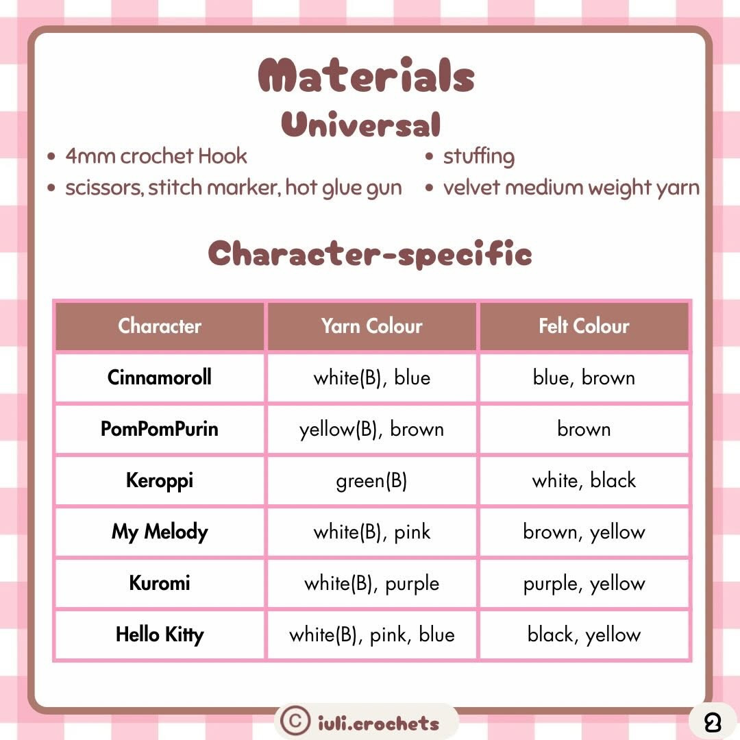 Free No-Sew Crochet Pattern for Sanrio Characters: Hello Kitty, My Melody, Pompompurin, Cinnamoroll, Kuromi and Keroppi