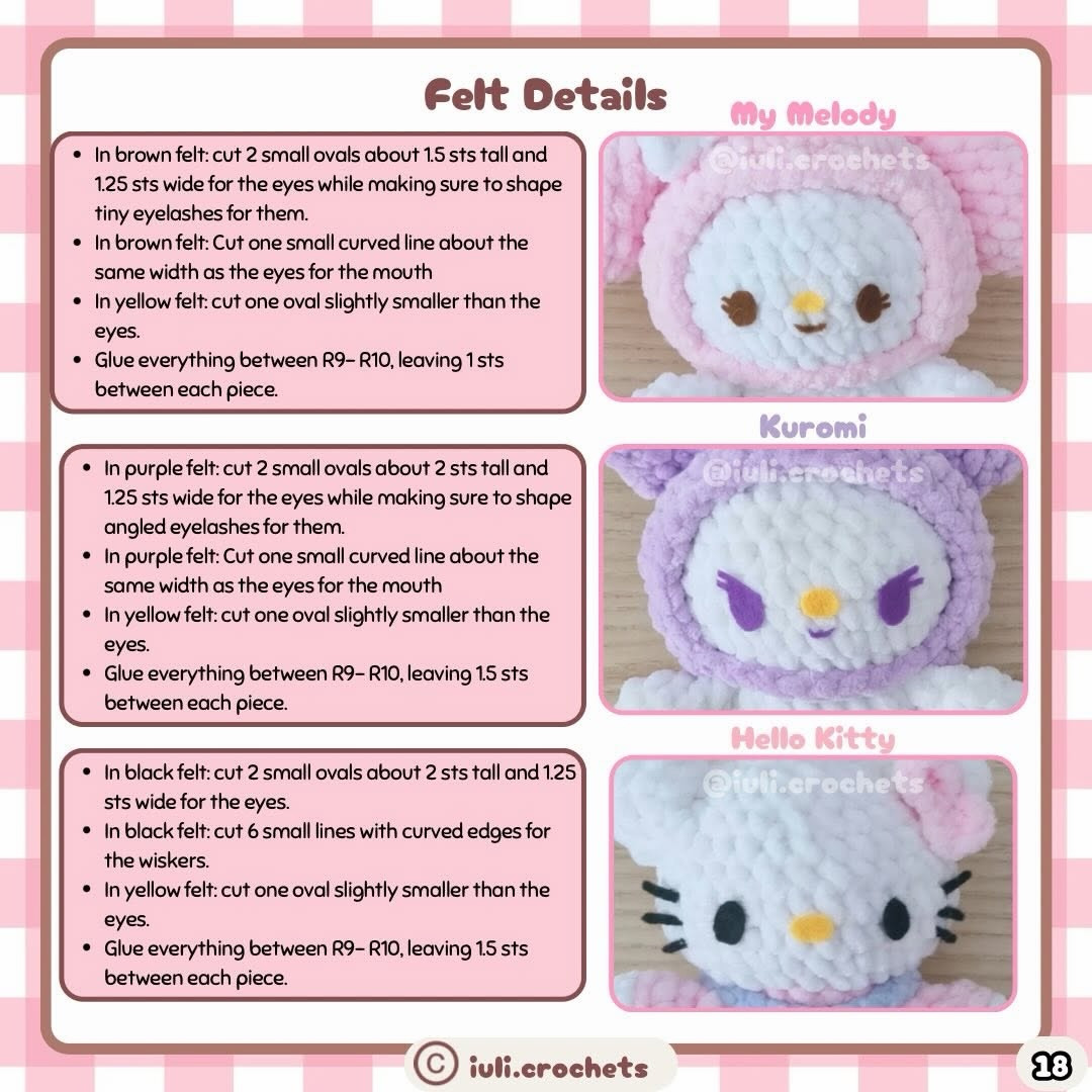 Free No-Sew Crochet Pattern for Sanrio Characters: Hello Kitty, My Melody, Pompompurin, Cinnamoroll, Kuromi and Keroppi