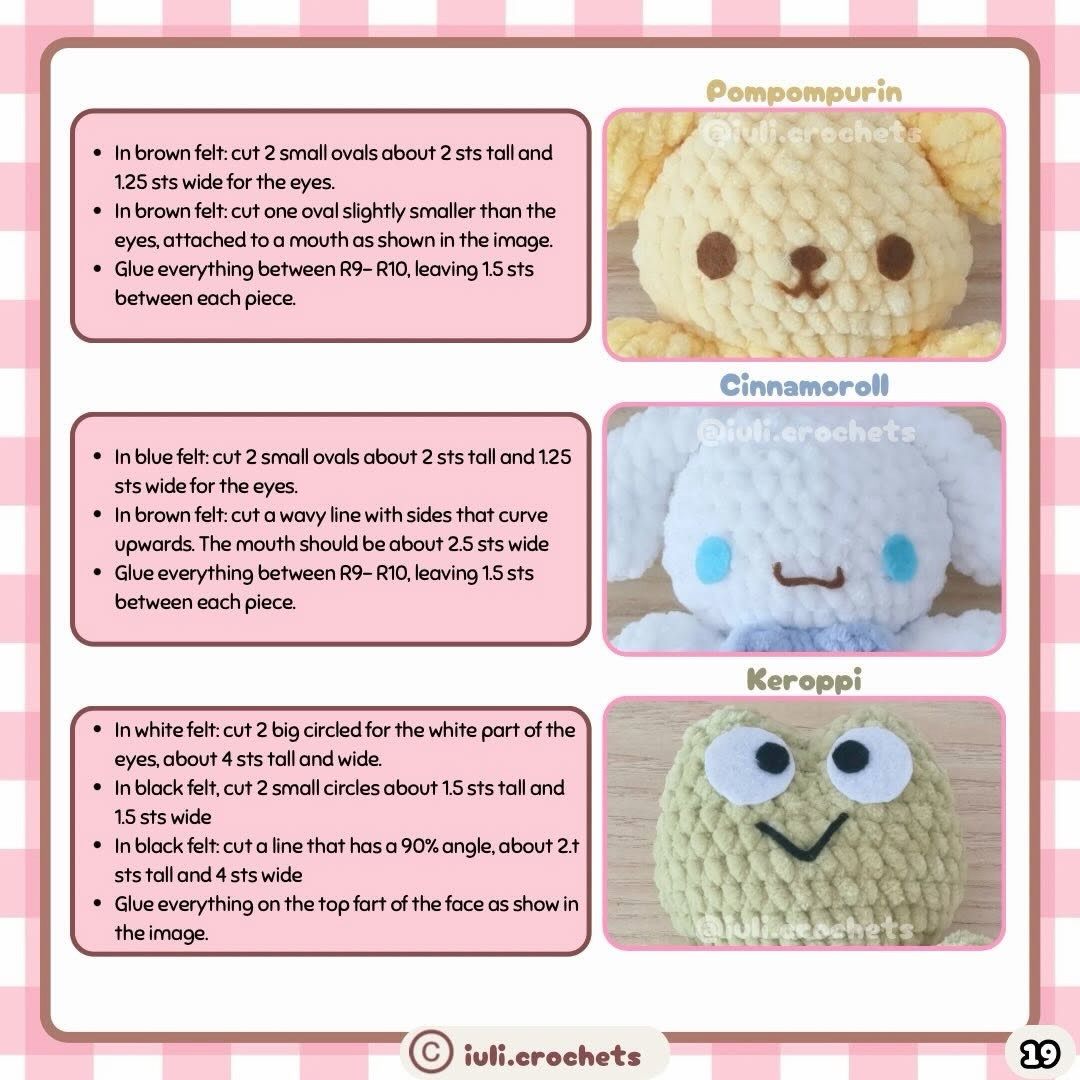 Free No-Sew Crochet Pattern for Sanrio Characters: Hello Kitty, My Melody, Pompompurin, Cinnamoroll, Kuromi and Keroppi