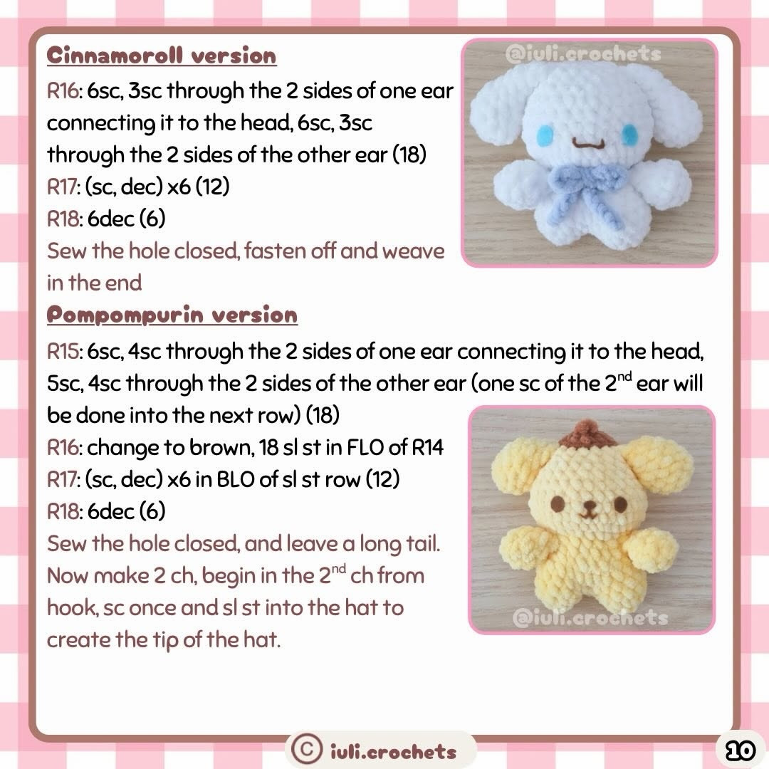 Free No-Sew Crochet Pattern for Sanrio Characters: Hello Kitty, My Melody, Pompompurin, Cinnamoroll, Kuromi and Keroppi