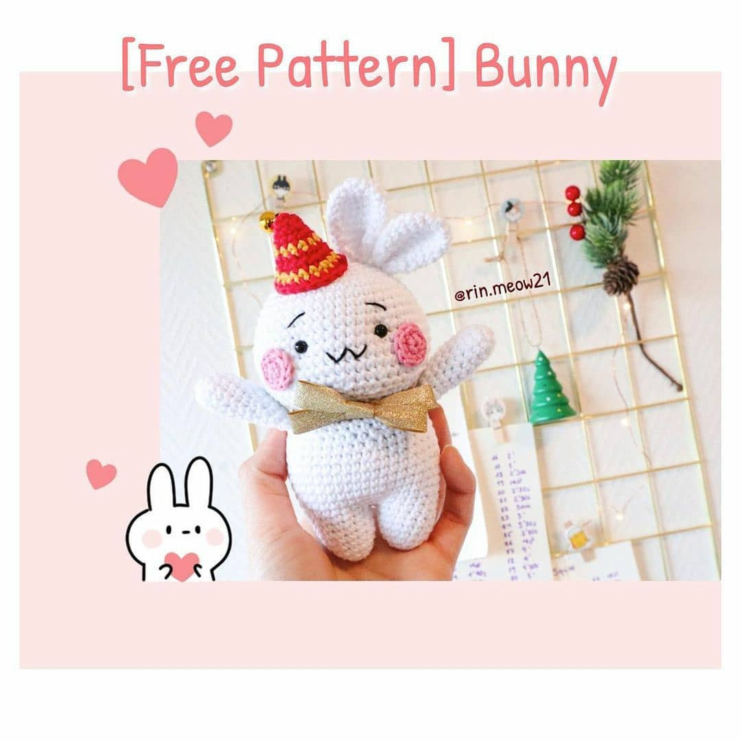 [Free Pattern] Cute White Crochet Bunny with Red Hat and Bow Tie - Amigurumi Tutorial