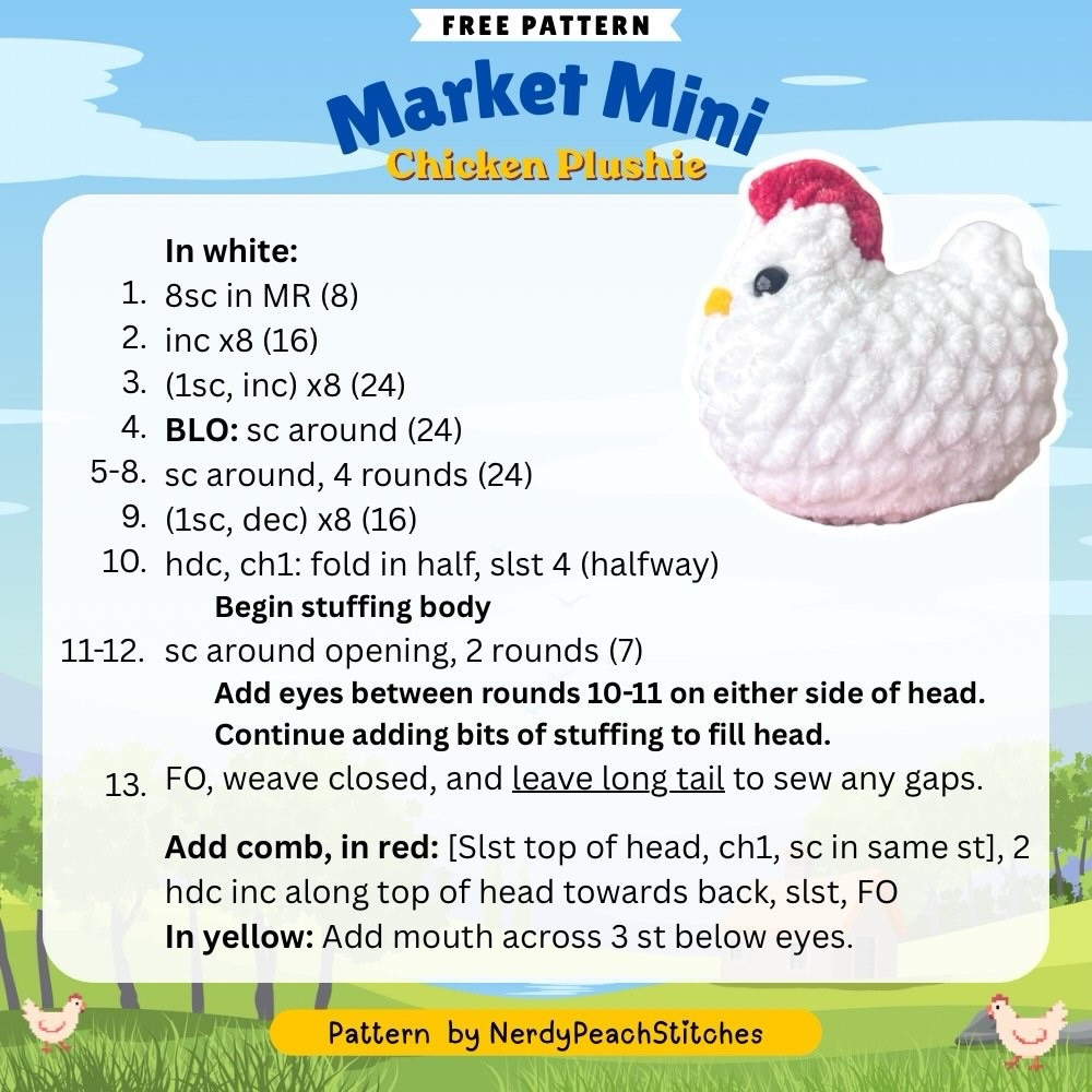 Free Pattern Market Mini Chicken Plushie: White and Blue Amigurumi Tutorial by NerdyPeachStitches