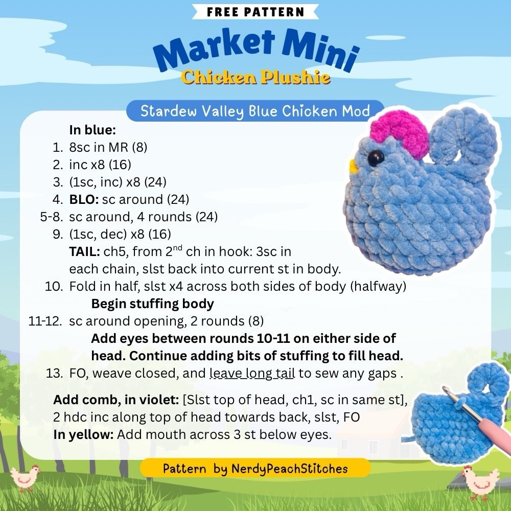 Free Pattern Market Mini Chicken Plushie: White and Blue Amigurumi Tutorial by NerdyPeachStitches