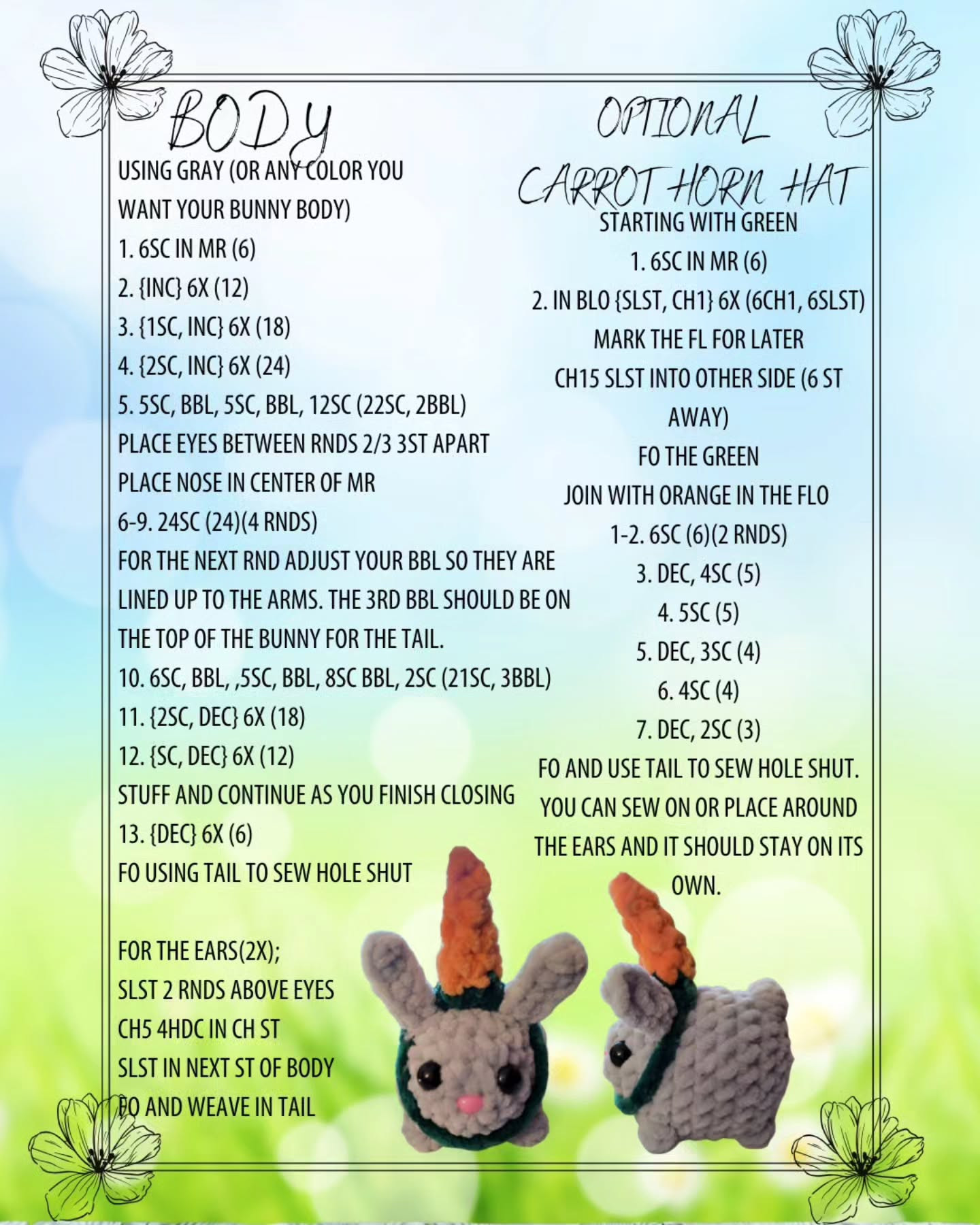 Free Pattern Mini Bunny with Carrot Unicorn Hat by Elise's Handmades