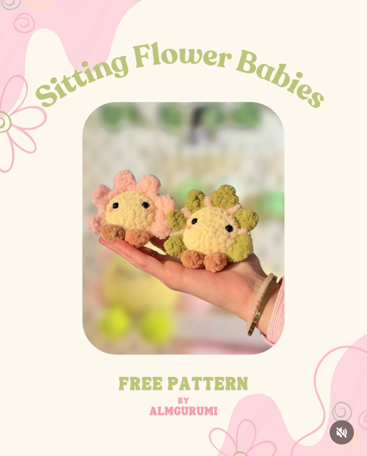 Free Pattern: Sitting Flower Babies Amigurumi Dolls in Pink and Green Chenille Yarn