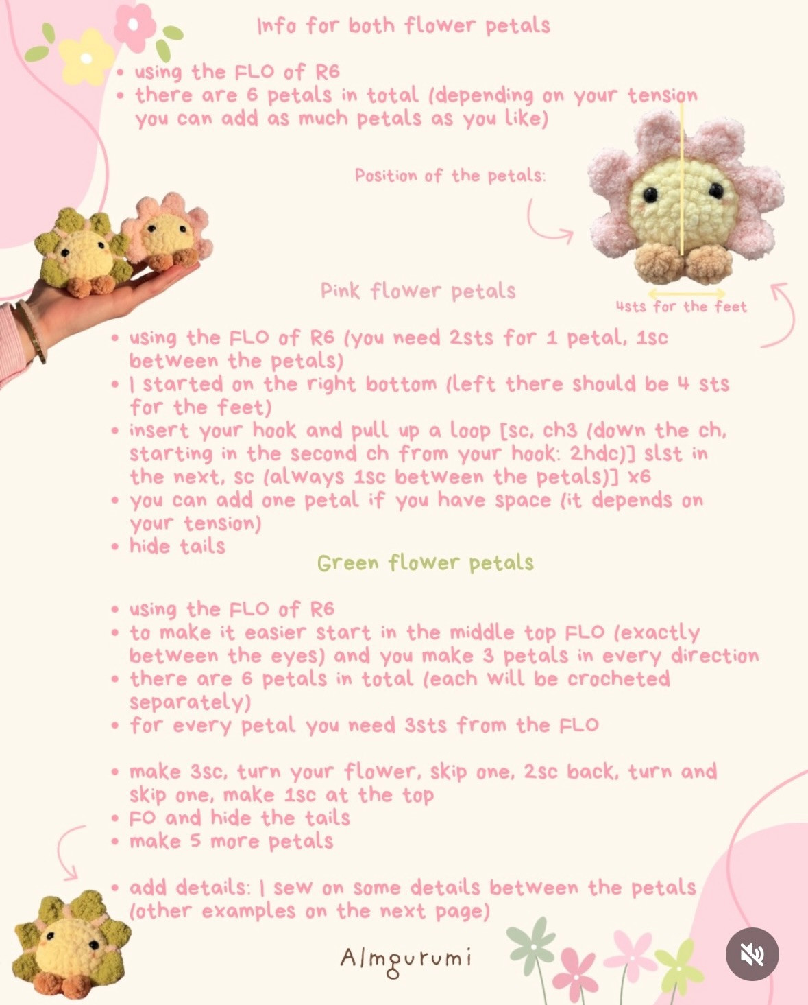 Free Pattern: Sitting Flower Babies Amigurumi Dolls in Pink and Green Chenille Yarn