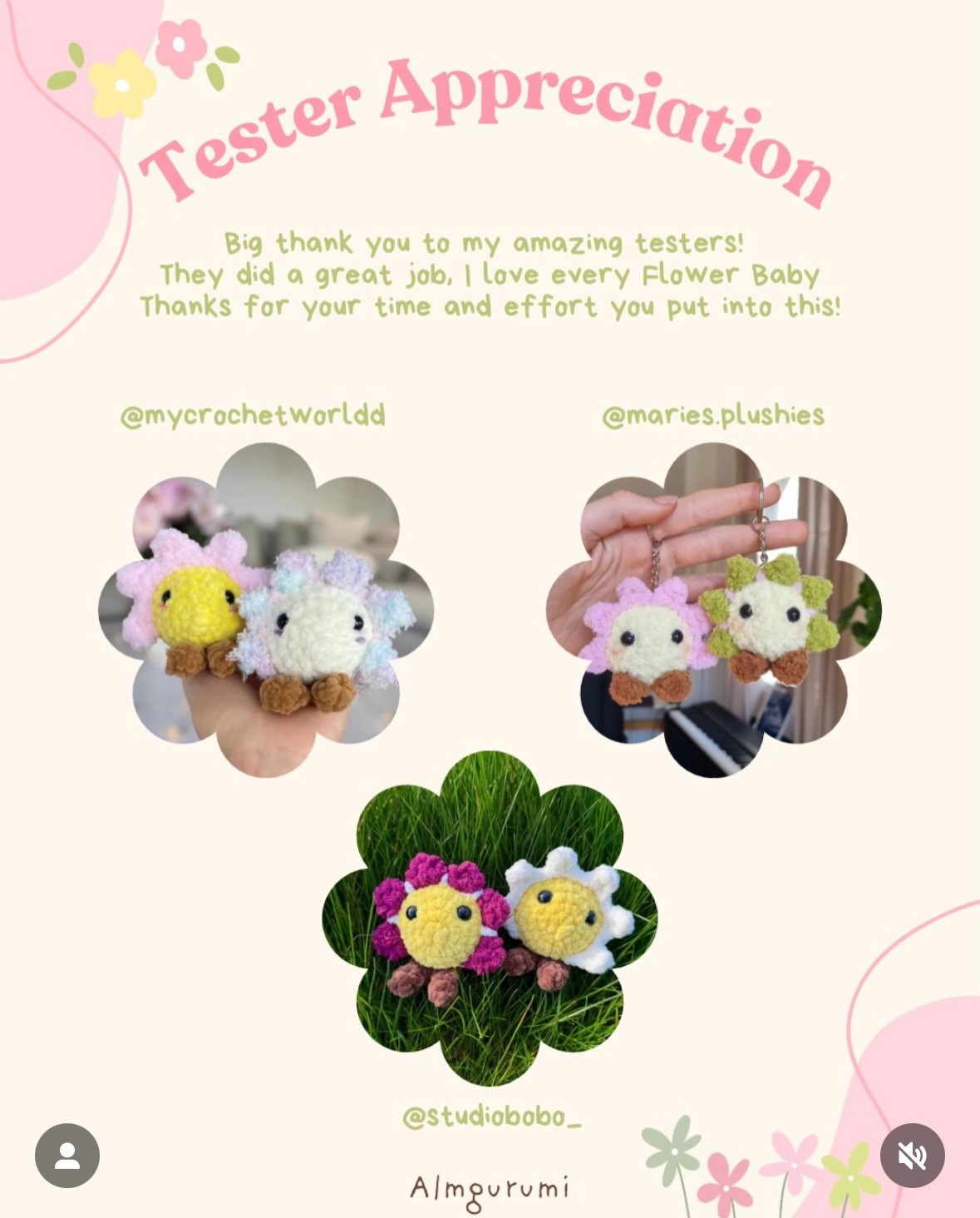 Free Pattern: Sitting Flower Babies Amigurumi Dolls in Pink and Green Chenille Yarn