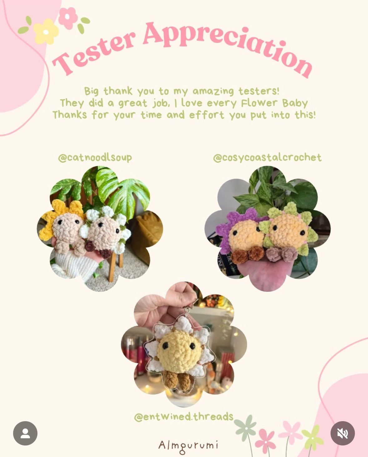 Free Pattern: Sitting Flower Babies Amigurumi Dolls in Pink and Green Chenille Yarn