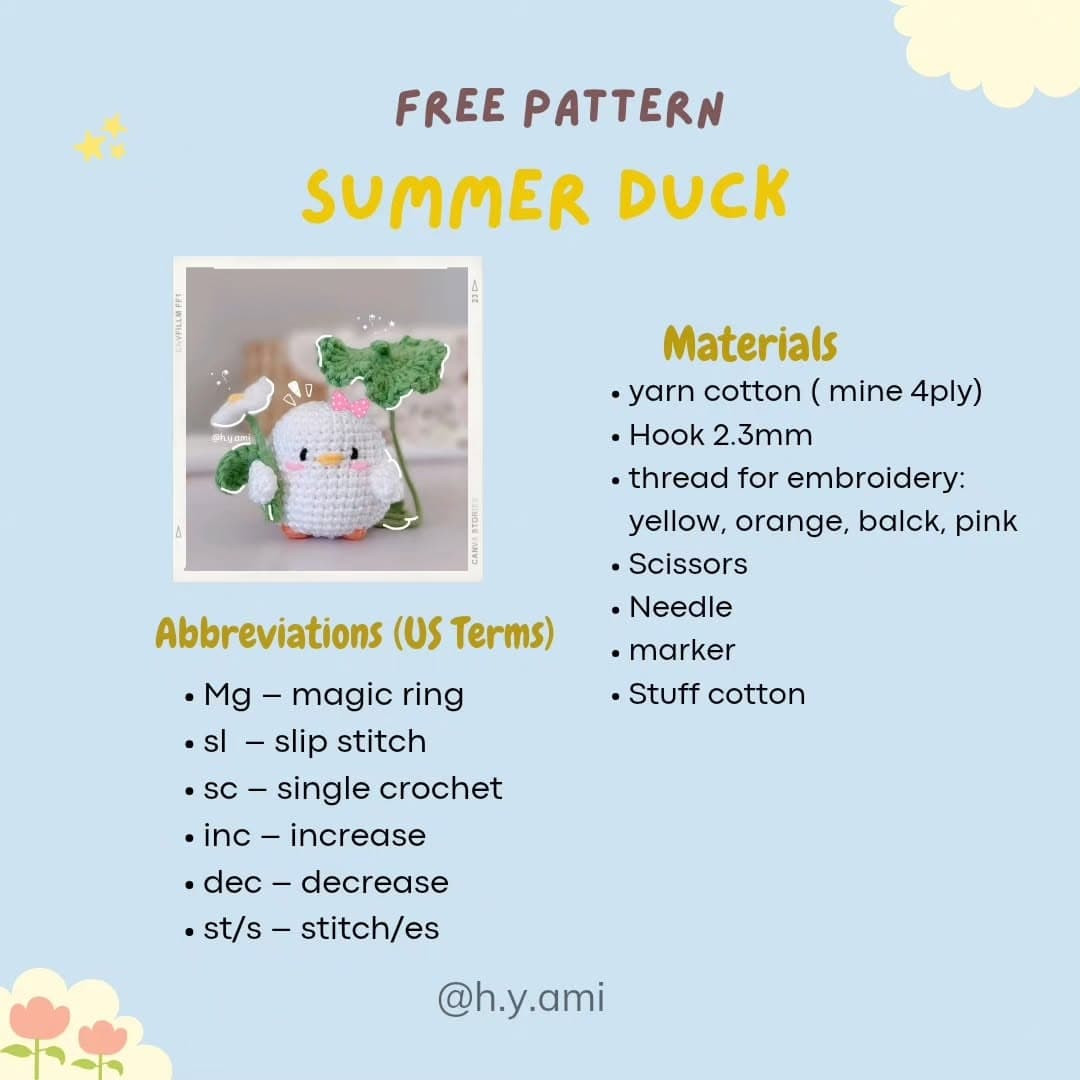 Free Pattern Summer Duck: Cute White Crochet Amigurumi with Flower and Leaf