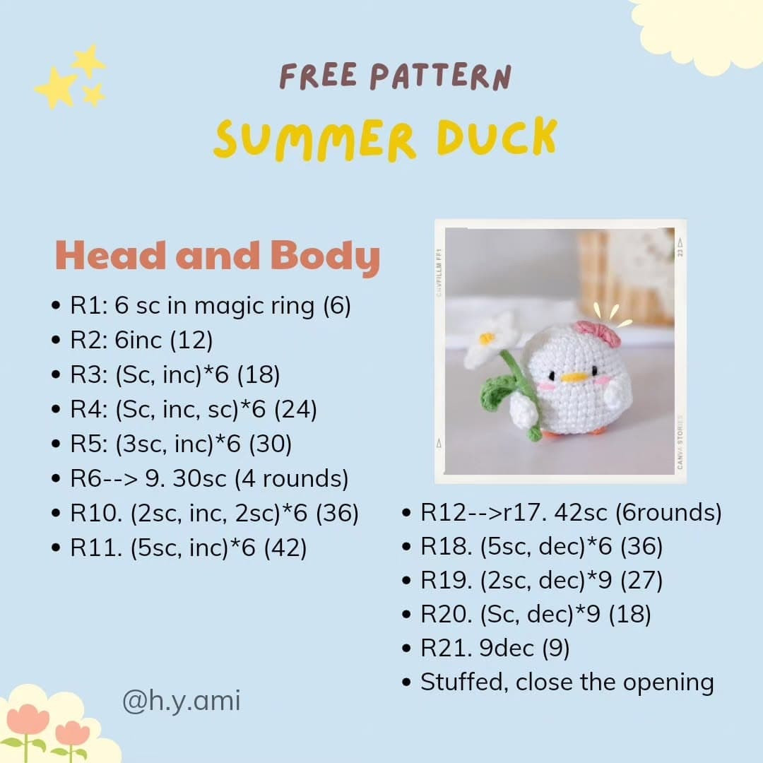 Free Pattern Summer Duck: Cute White Crochet Amigurumi with Flower and Leaf