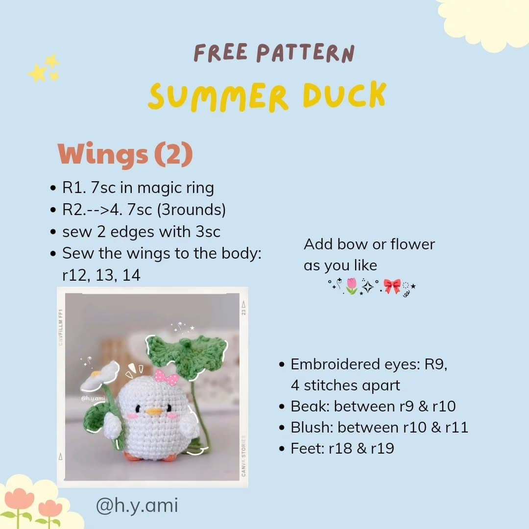 Free Pattern Summer Duck: Cute White Crochet Amigurumi with Flower and Leaf