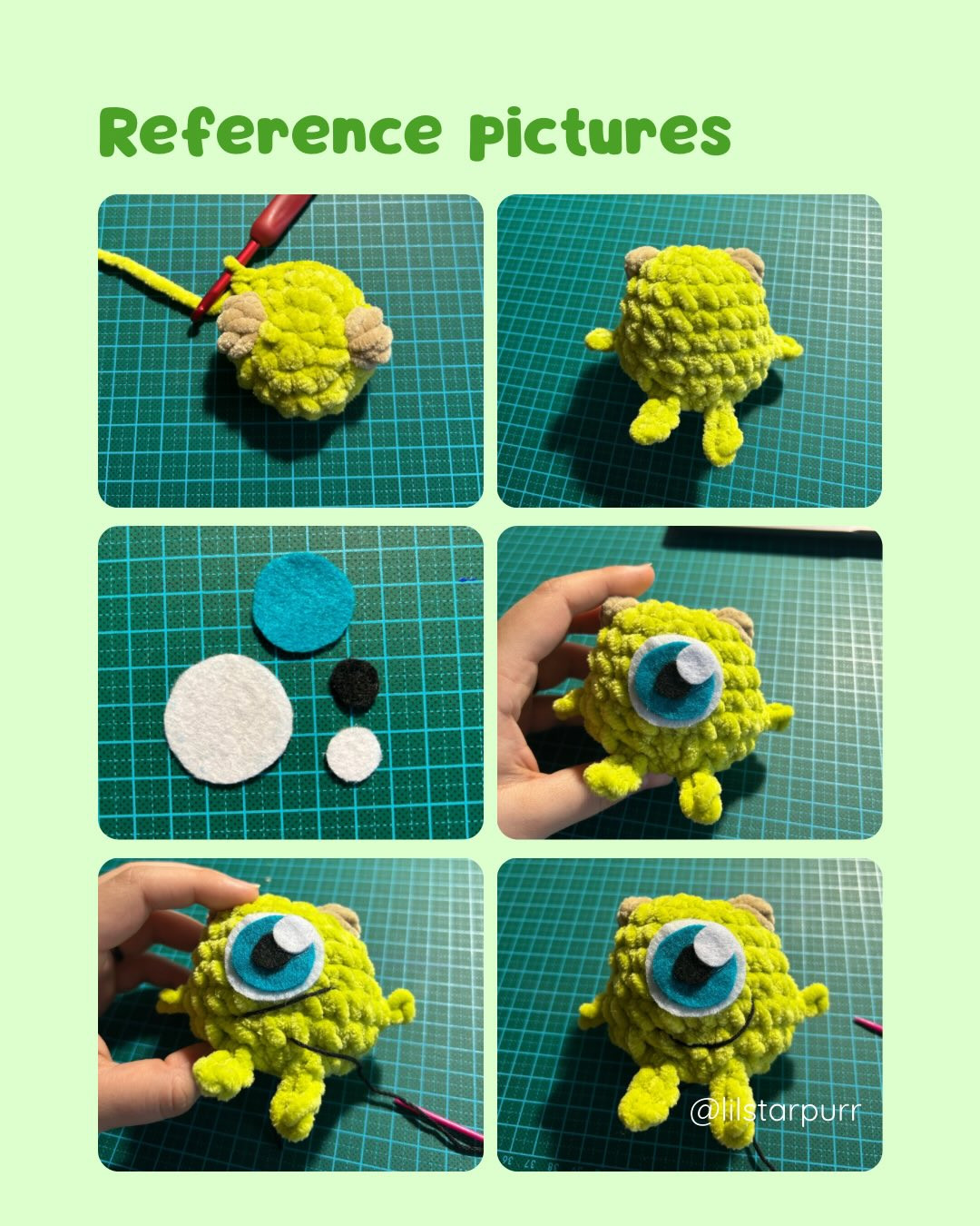 Free pattern Tiny Cyclops: Cute green amigurumi doll with one big eye, bubble stitch technique