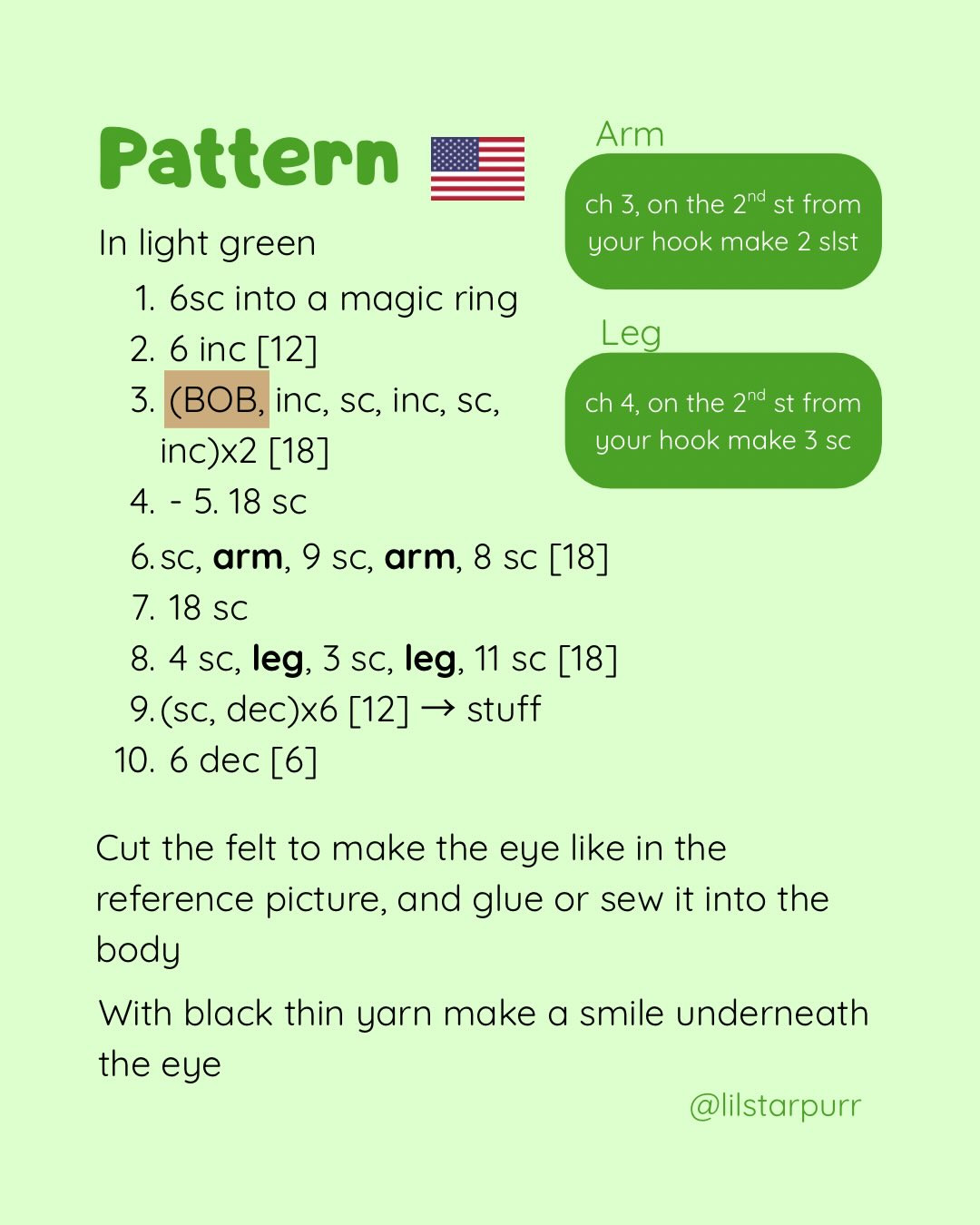 Free pattern Tiny Cyclops: Cute green amigurumi doll with one big eye, bubble stitch technique
