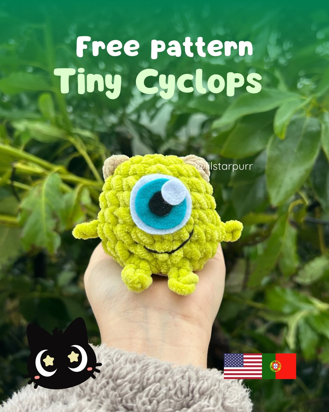 Free pattern Tiny Cyclops: Cute green amigurumi doll with one big eye, bubble stitch technique