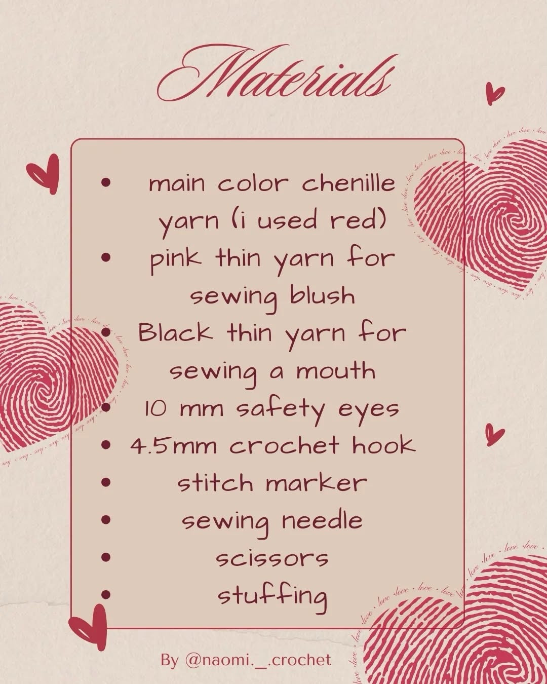Free Small Loving Heart Pattern: Cute Red Chenille Amigurumi with Blush and Hugging Hands