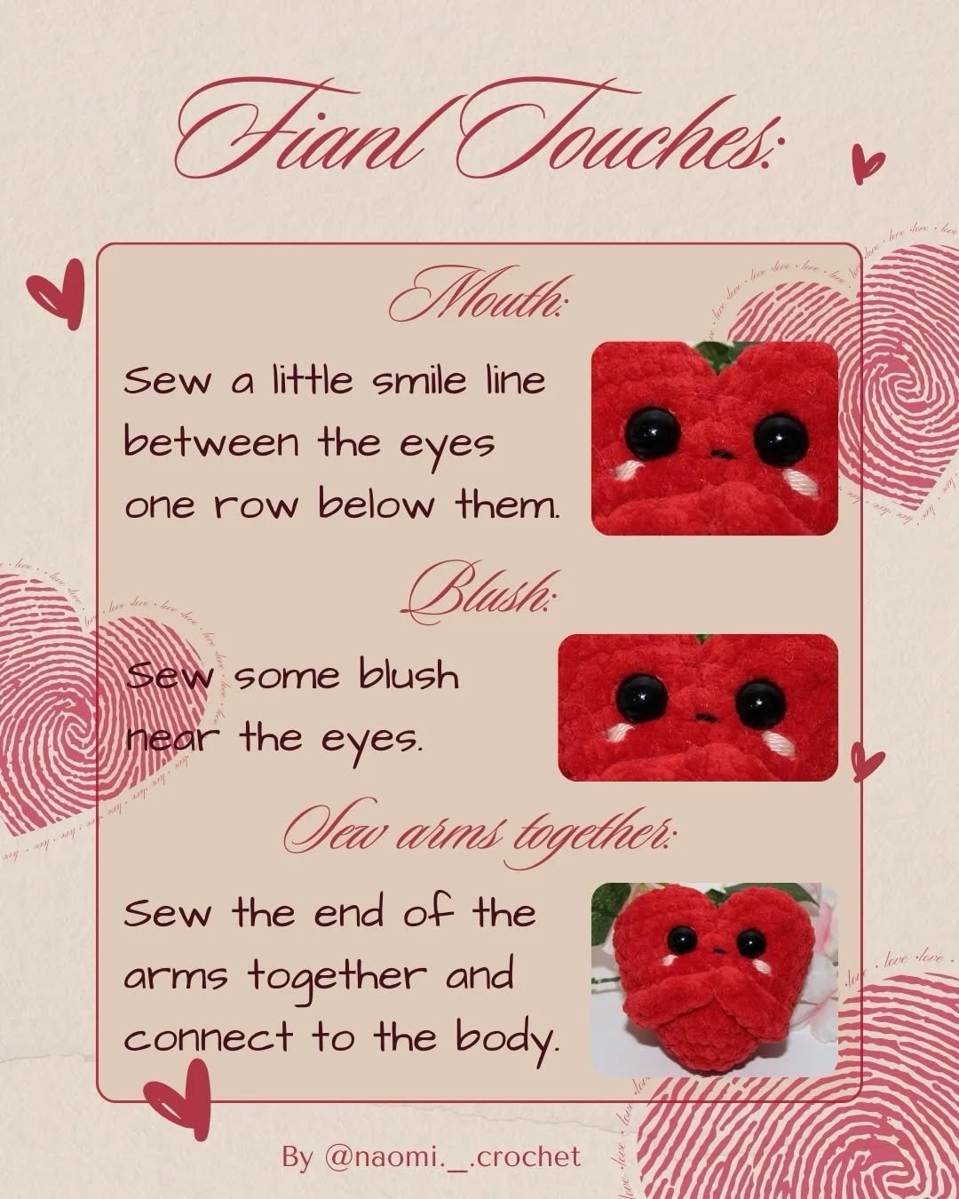 Free Small Loving Heart Pattern: Cute Red Chenille Amigurumi with Blush and Hugging Hands