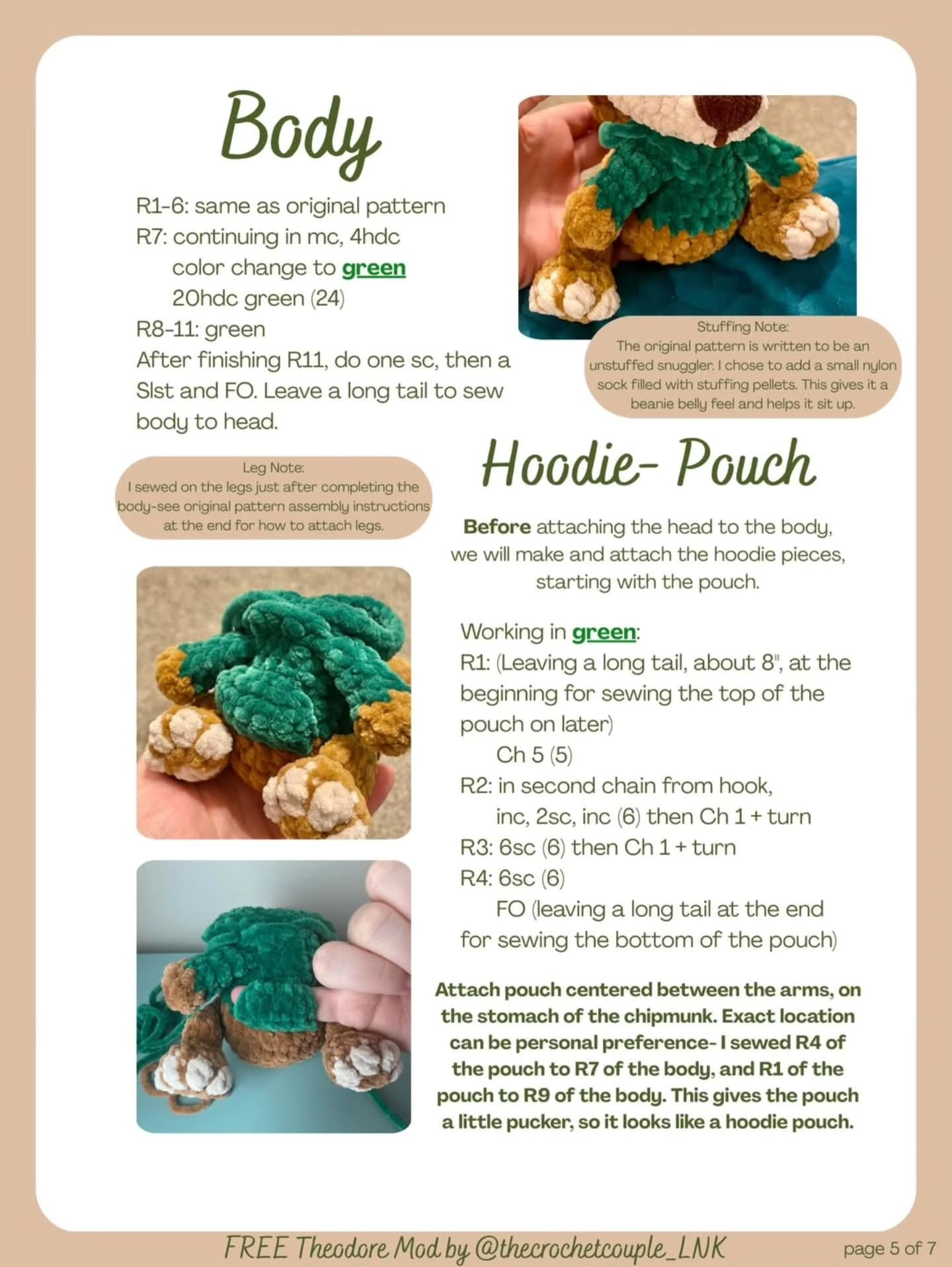 Free Theodore Mod: Crochet Pattern for Charlie the Baby Chipmunk Snuggler with Green Hoodie