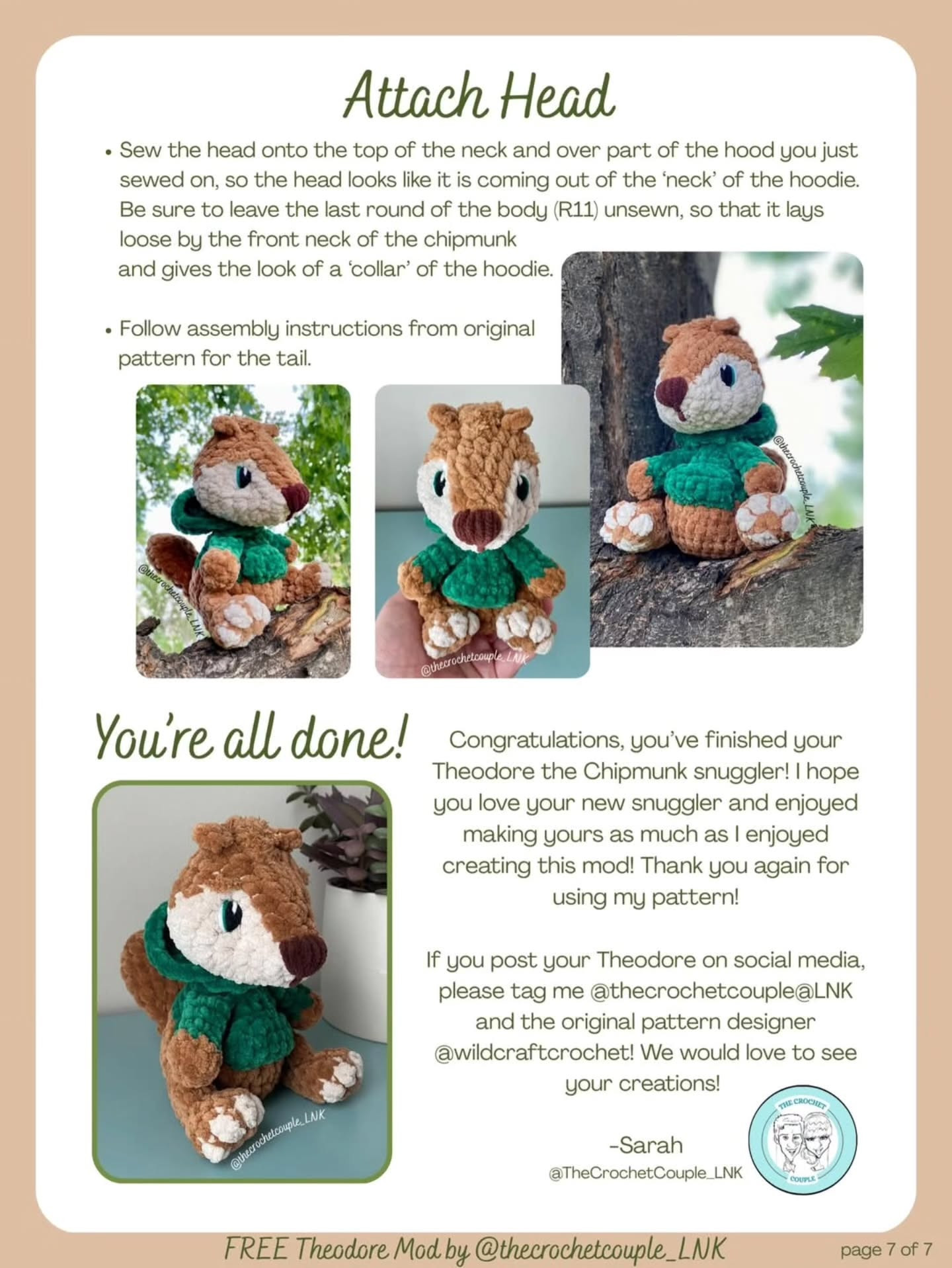 Free Theodore Mod: Crochet Pattern for Charlie the Baby Chipmunk Snuggler with Green Hoodie
