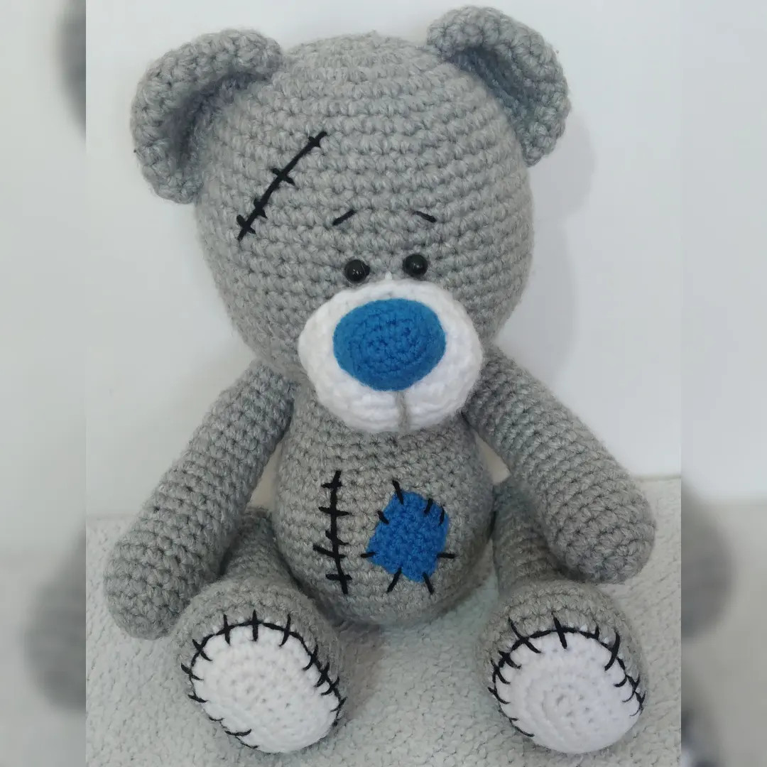 Gray Stitched Teddy Bear Crochet Pattern with Blue Nose and Heart