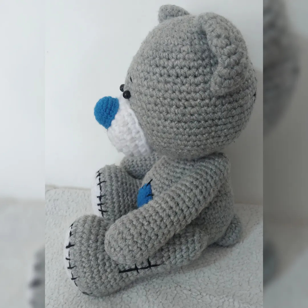 Gray Stitched Teddy Bear Crochet Pattern with Blue Nose and Heart
