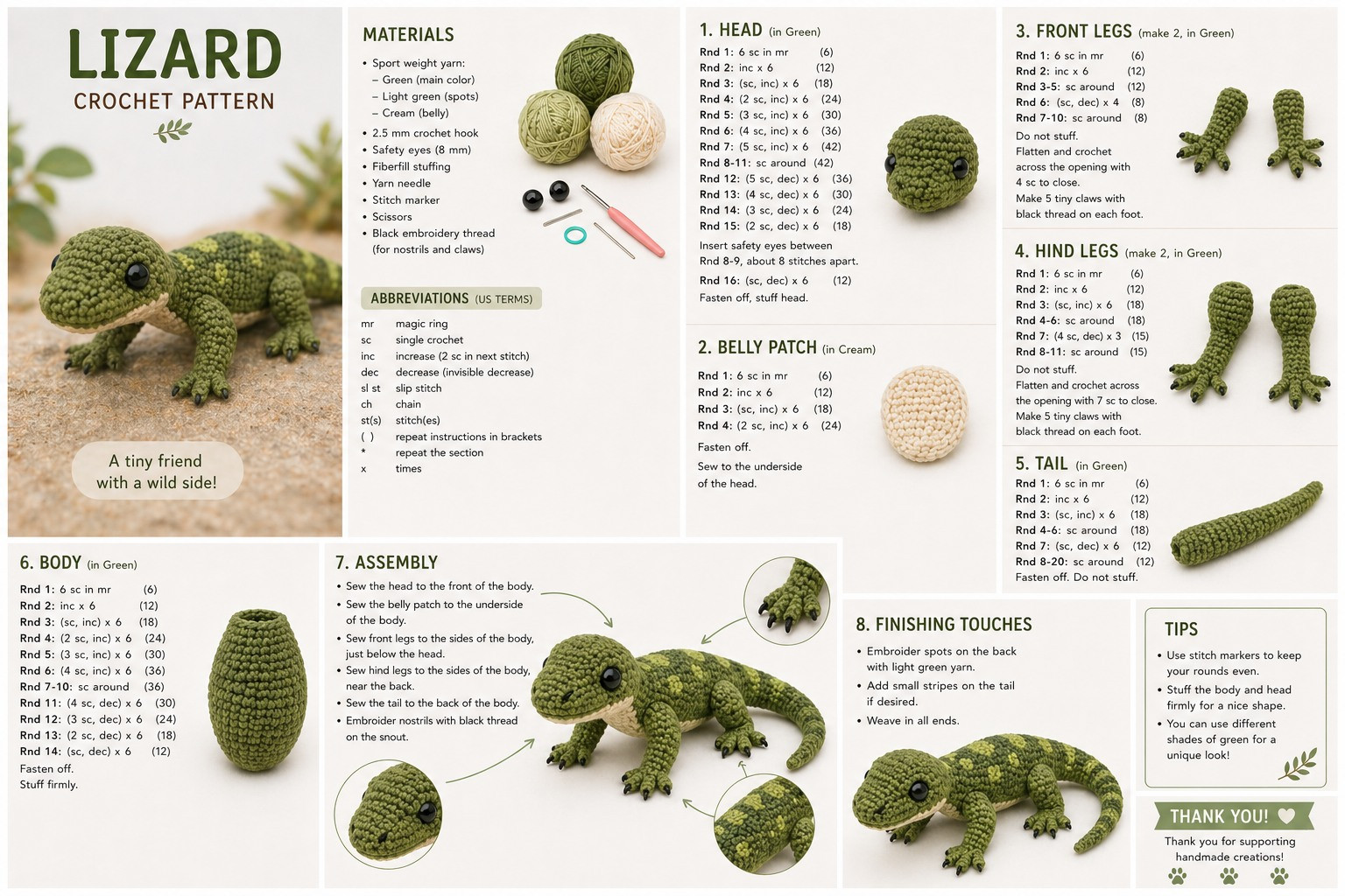 Green Lizard Amigurumi Crochet Pattern: Full Step-by-Step Instructions