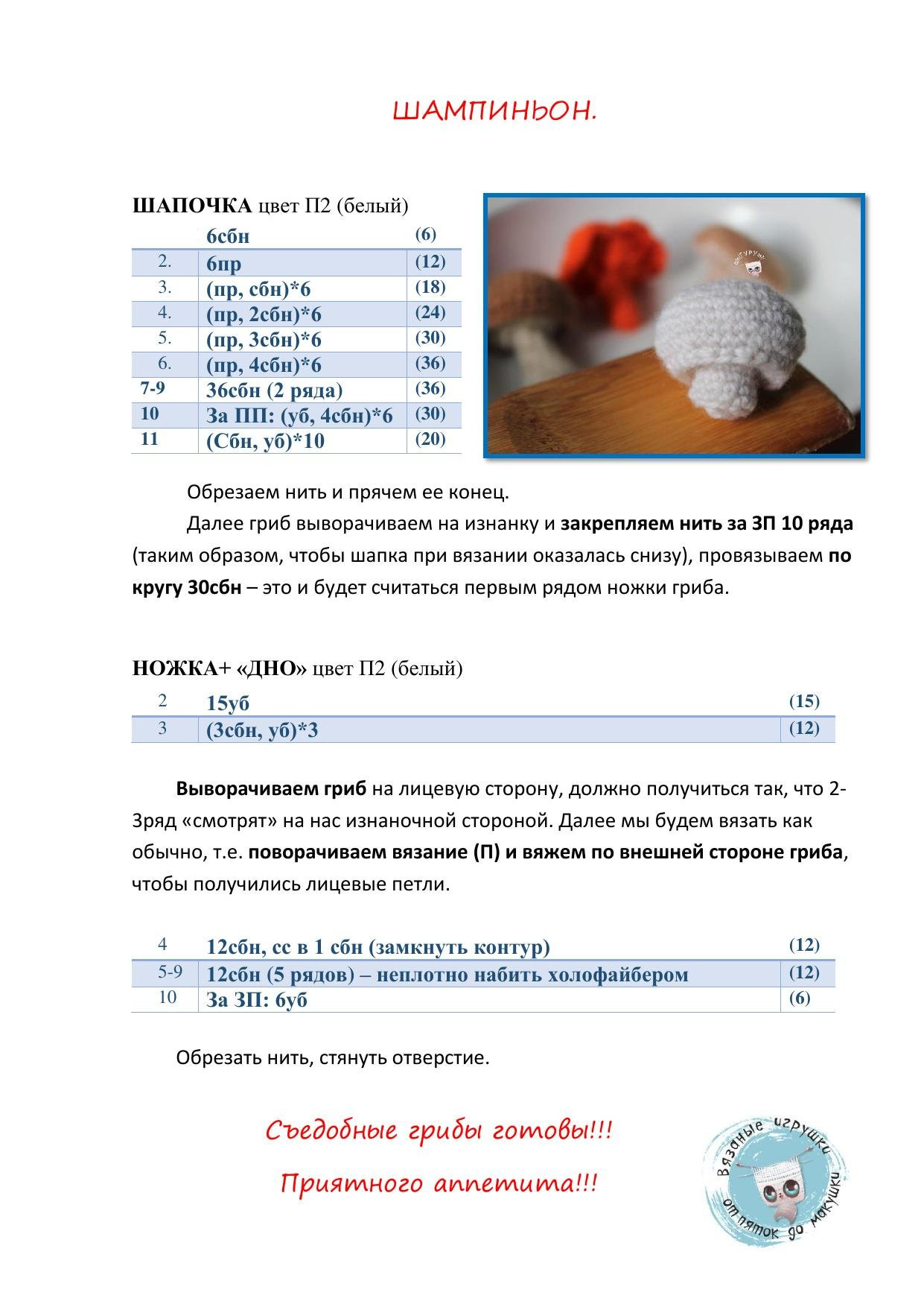 Грибочки амигуруми: схема вязания крючком (Белый гриб, Груздь, Лисичка, Шампиньон)