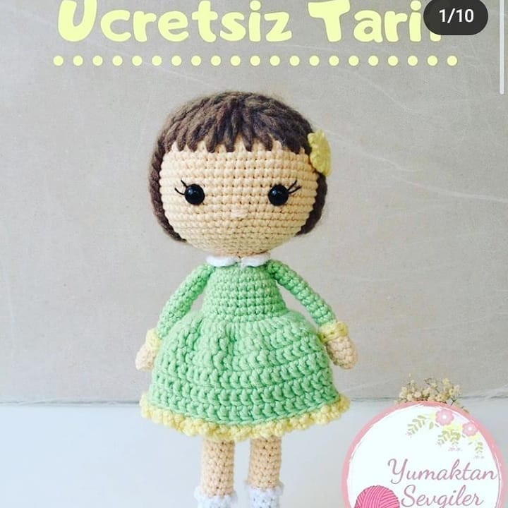 Güzide Bebek - Hướng dẫn móc len búp bê mặc váy xanh lá và tóc nâu
