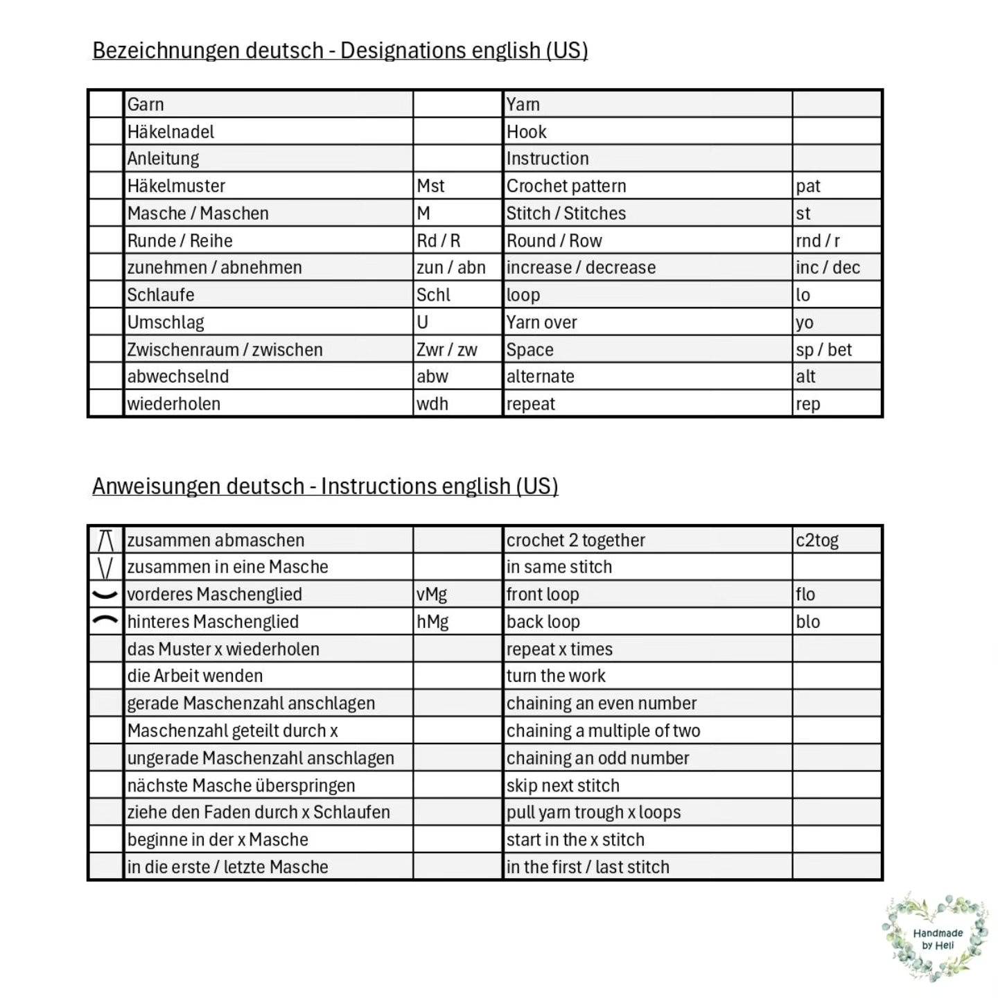 Häkelbegriffe Deutsch - Englisch (US): Bezeichnungen, Anweisungen und Maschenarten für Stricken