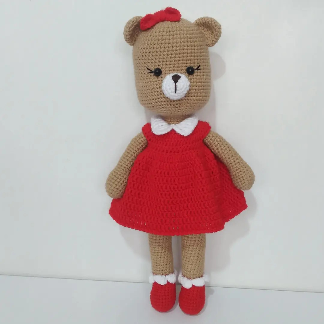 Handwritten Crochet Pattern for Brown Bear Doll in Red Dress with Bow