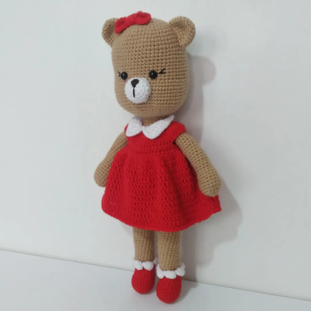 Handwritten Crochet Pattern for Brown Bear Doll in Red Dress with Bow