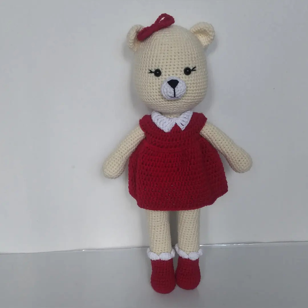 Handwritten Crochet Pattern for Brown Bear Doll in Red Dress with Bow