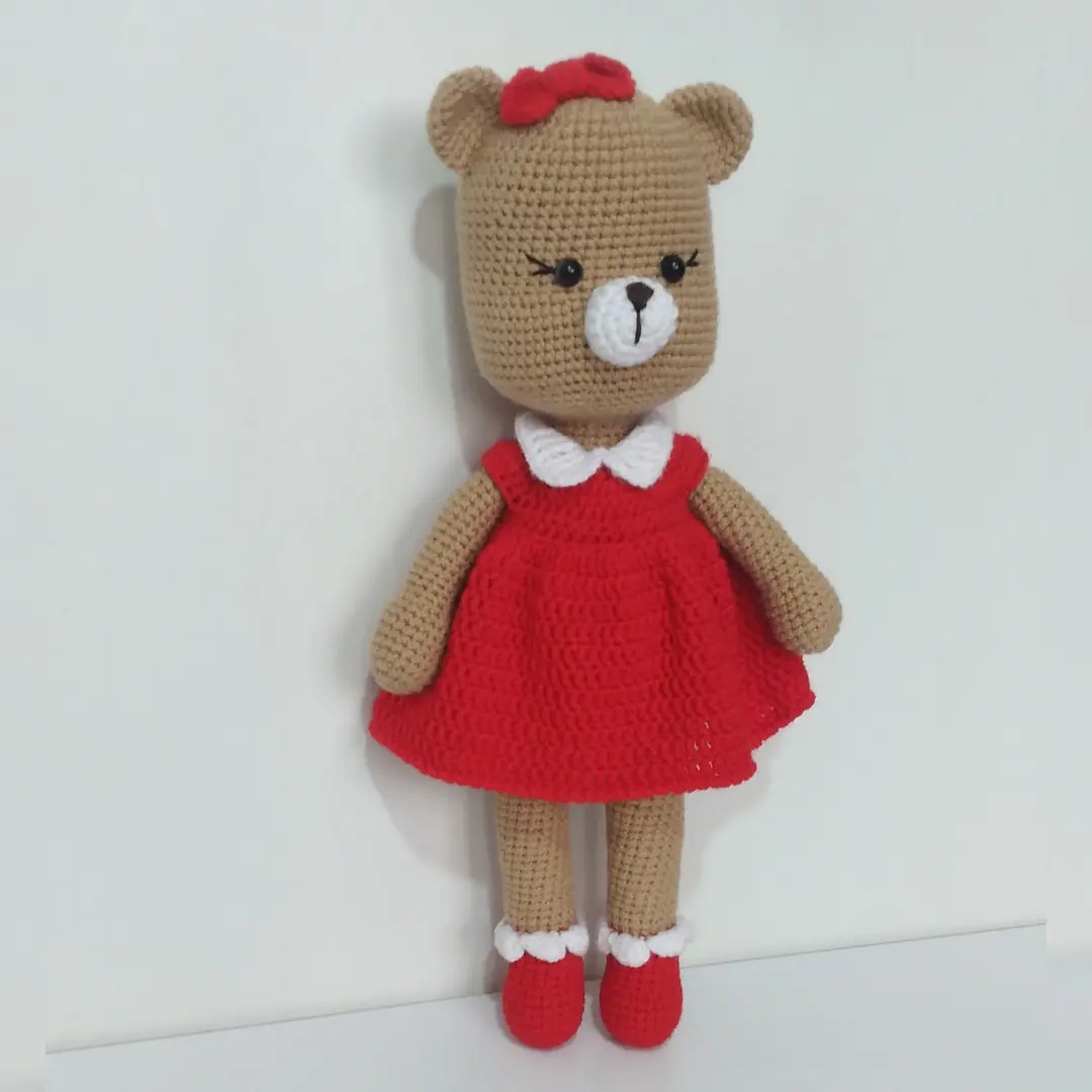 Handwritten Crochet Pattern for Brown Bear Doll in Red Dress with Bow