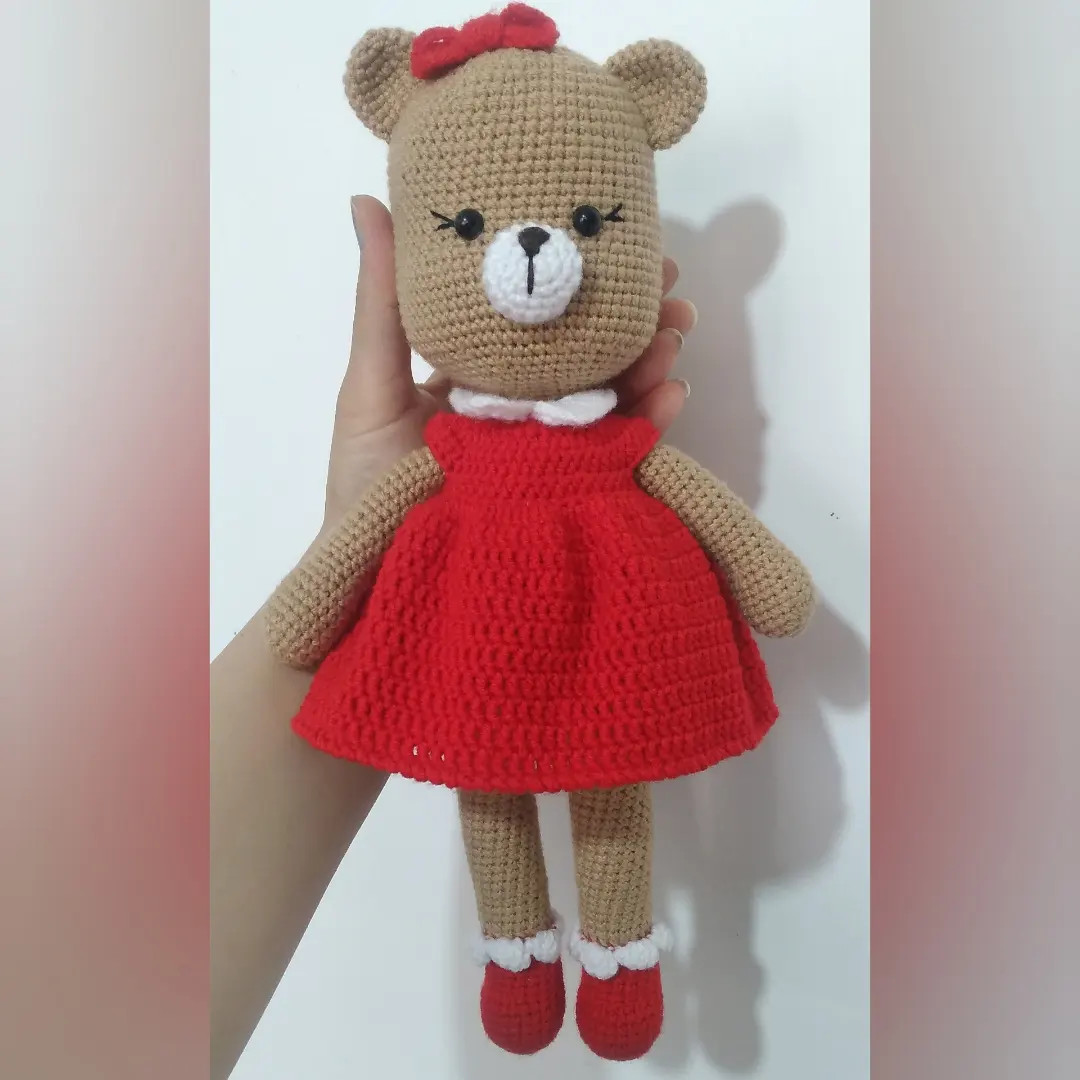Handwritten Crochet Pattern for Brown Bear Doll in Red Dress with Bow