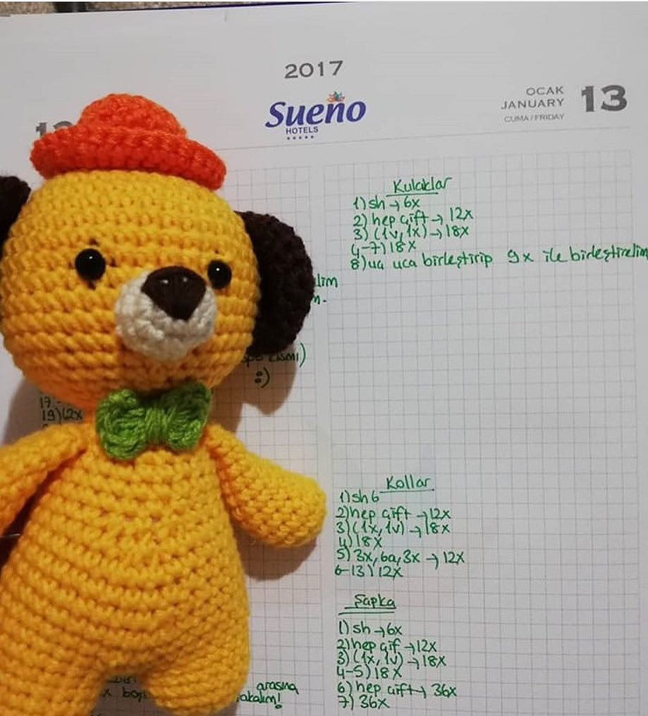 Handwritten Crochet Pattern for Cute Yellow Dog Amigurumi with Hat and Bow Tie