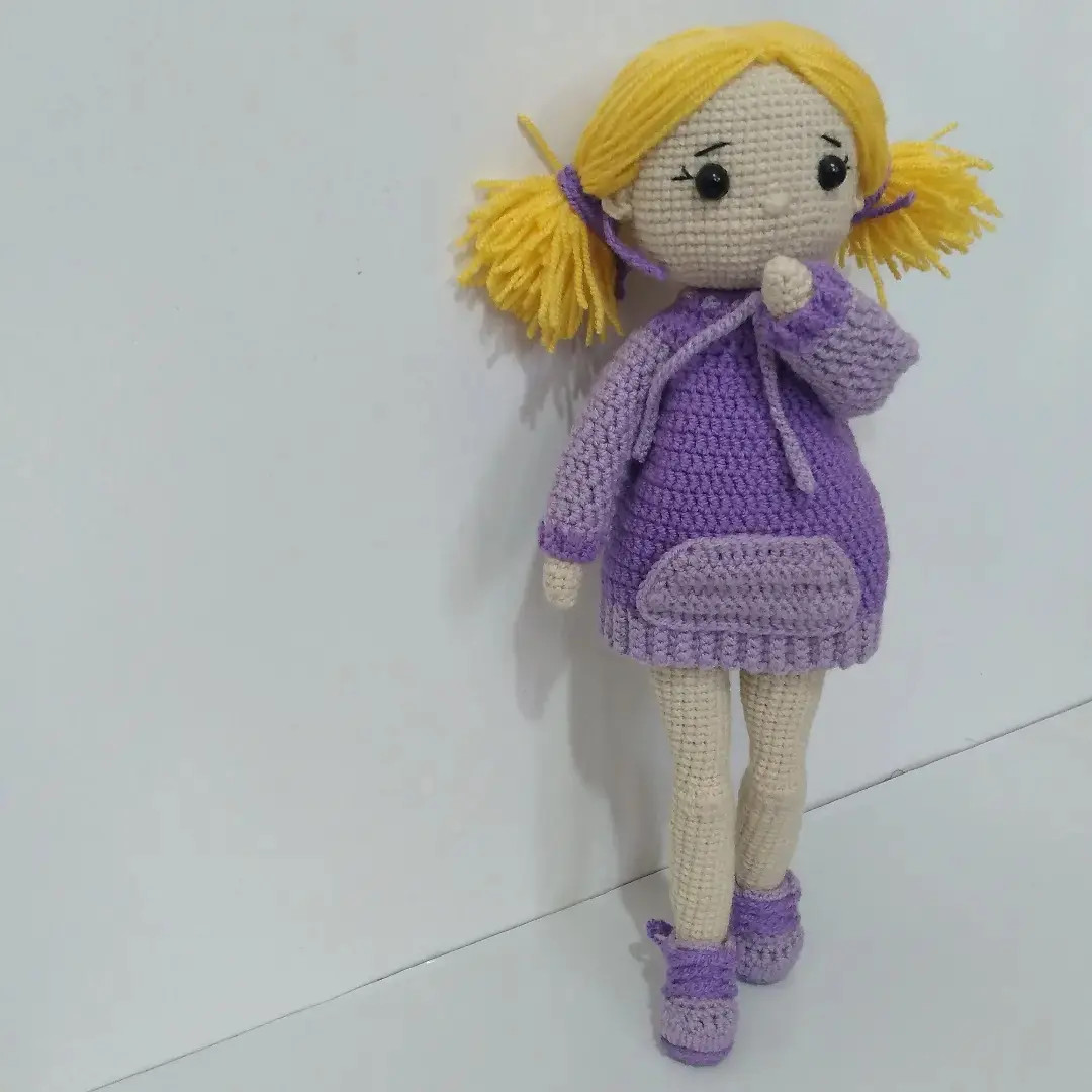 Handwritten Persian crochet pattern for purple hoodie amigurumi doll