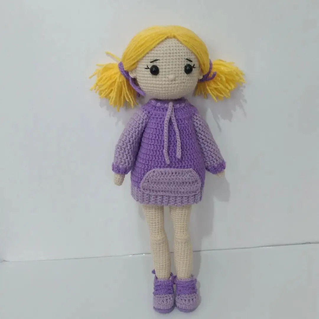Handwritten Persian crochet pattern for purple hoodie amigurumi doll