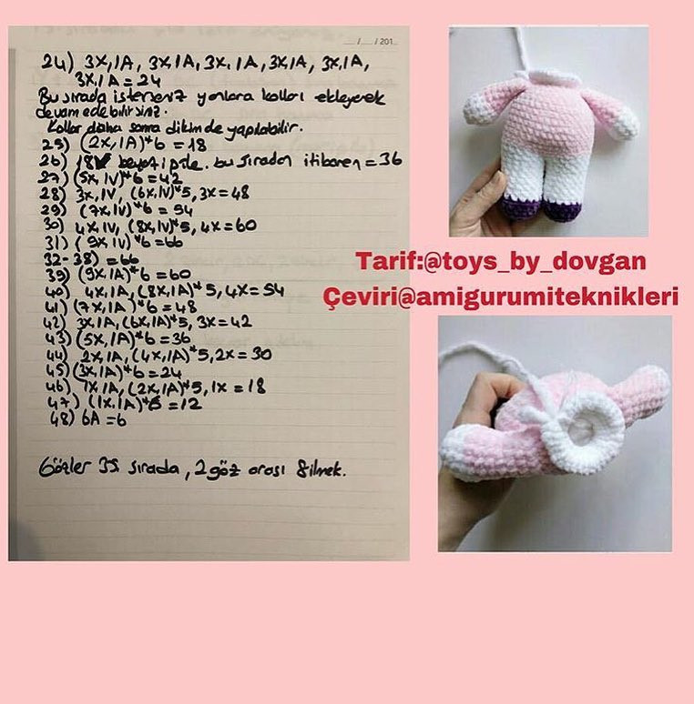 Hello Kitty Amigurumi Crochet Pattern: White, Pink & Purple Doll with Dress and Ears Instructions