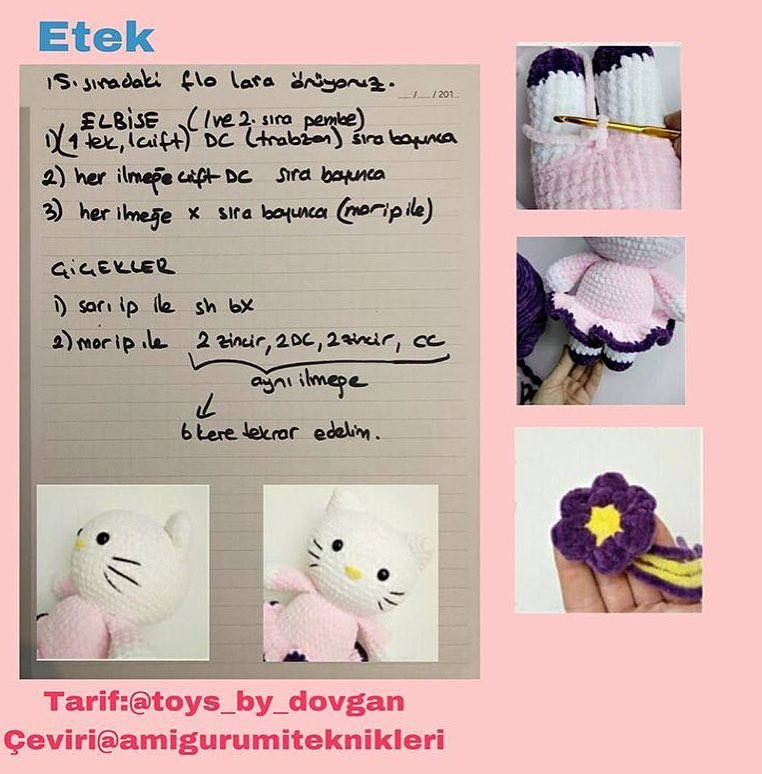 Hello Kitty Amigurumi Crochet Pattern: White, Pink & Purple Doll with Dress and Ears Instructions
