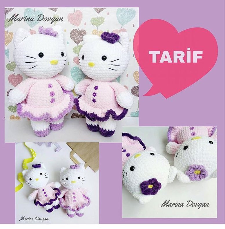 Hello Kitty Amigurumi Crochet Pattern: White, Pink & Purple Doll with Dress and Ears Instructions