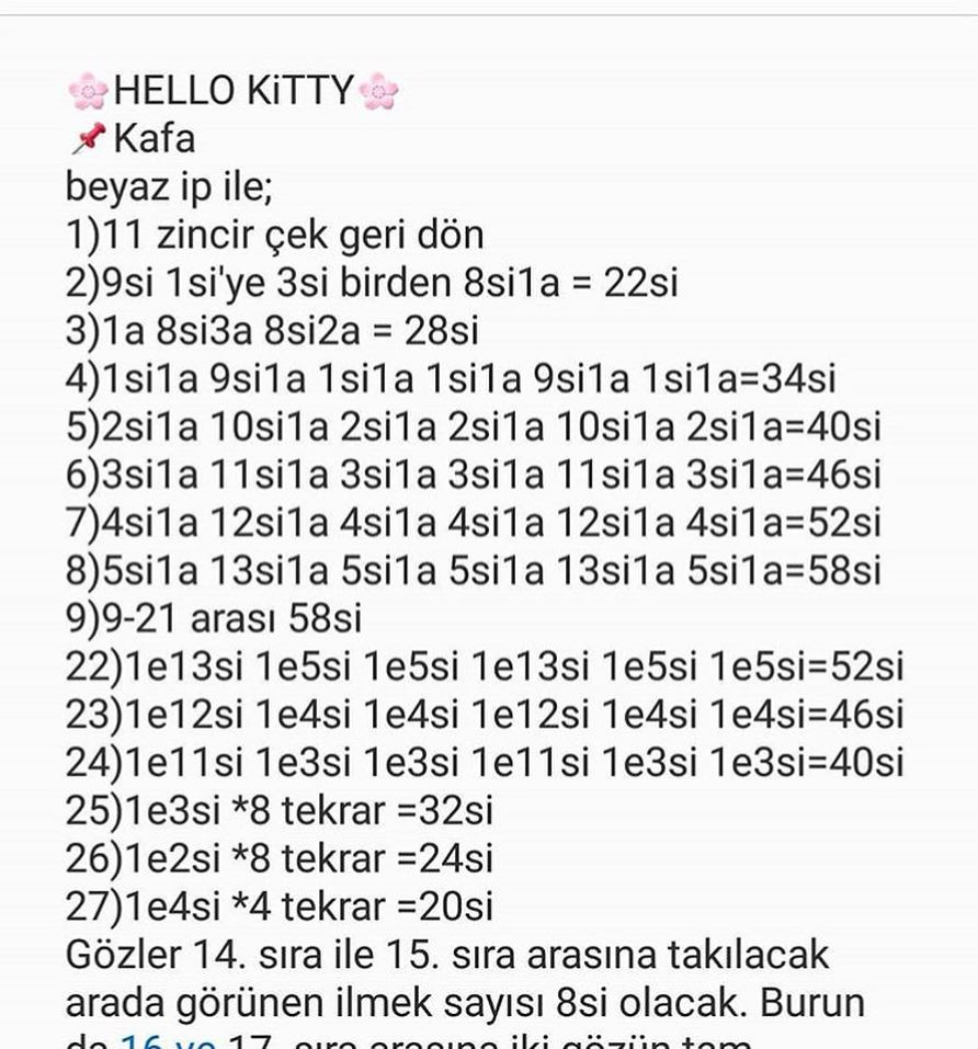 Hello Kitty Amigurumi Tarifi: Kafa, Ayaklar ve Beden, Gövde, Kollar
