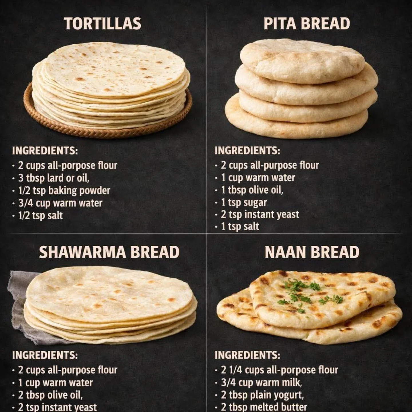 Homemade Flatbread Recipes: Tortillas, Pita, Shawarma Bread, and Naan with Ingredients