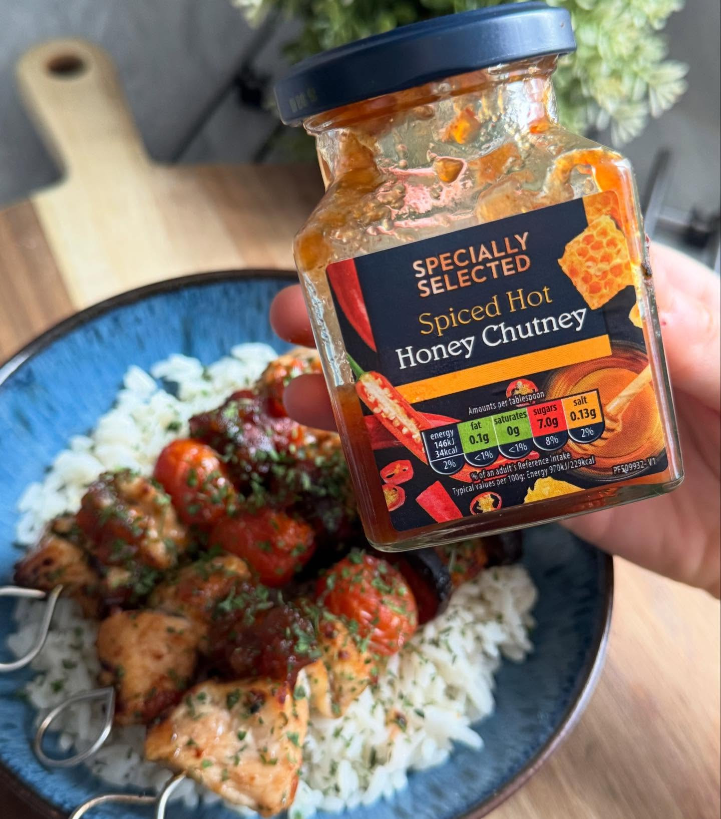 Hot Honey Chutney Chicken & Chorizo Skewers with Rice