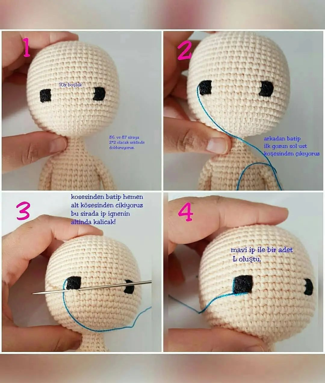 Hướng dẫn chi tiết cách móc búp bê amigurumi Bella Bebek với mái tóc tím và váy xám