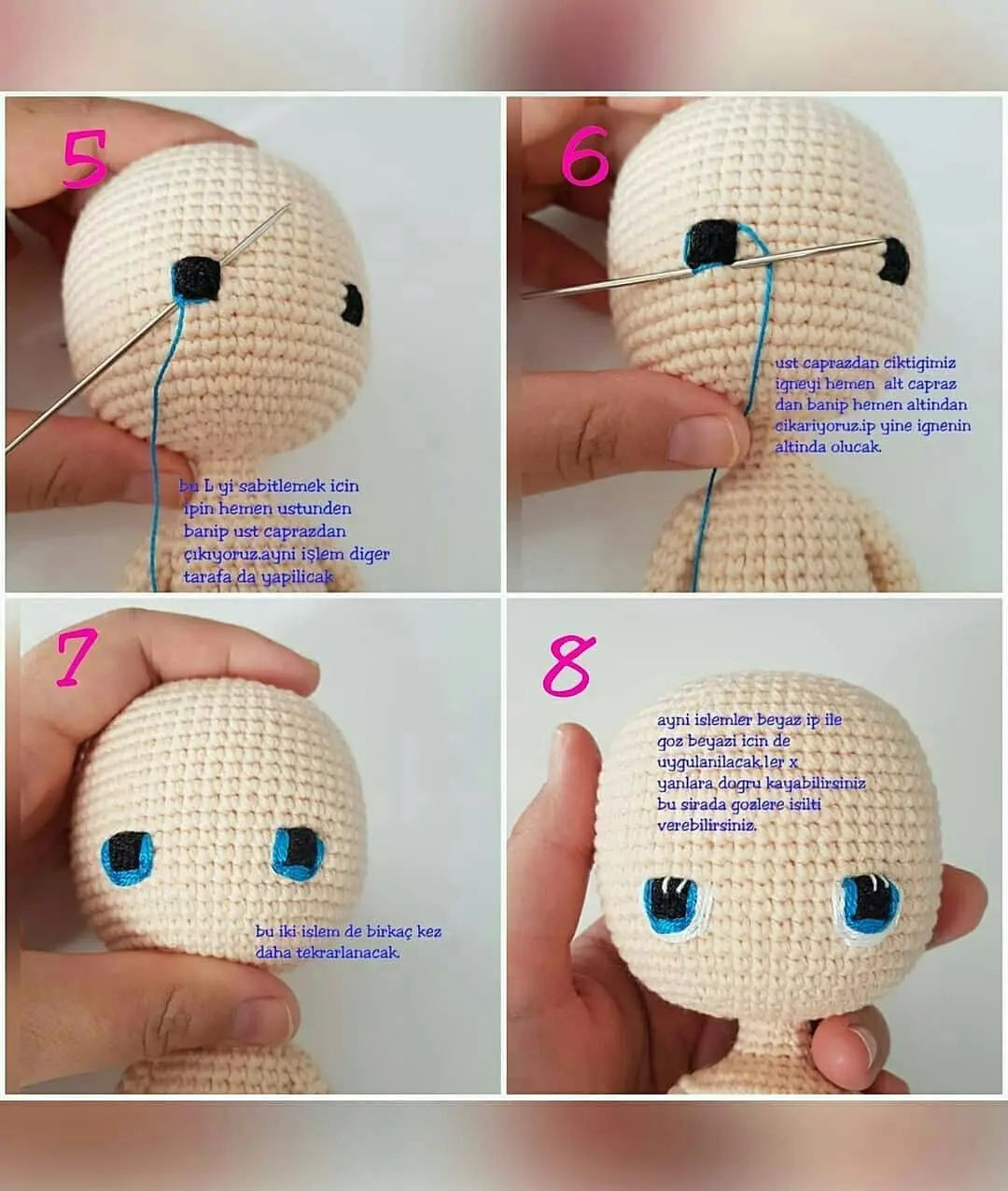 Hướng dẫn chi tiết cách móc búp bê amigurumi Bella Bebek với mái tóc tím và váy xám