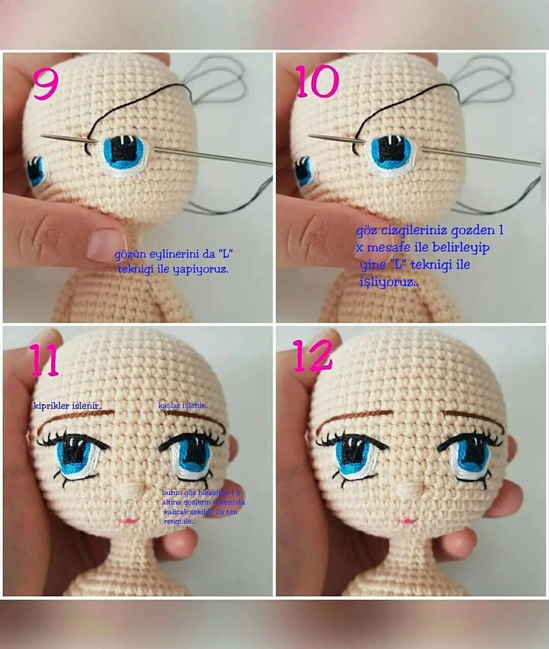 Hướng dẫn chi tiết cách móc búp bê amigurumi Bella Bebek với mái tóc tím và váy xám