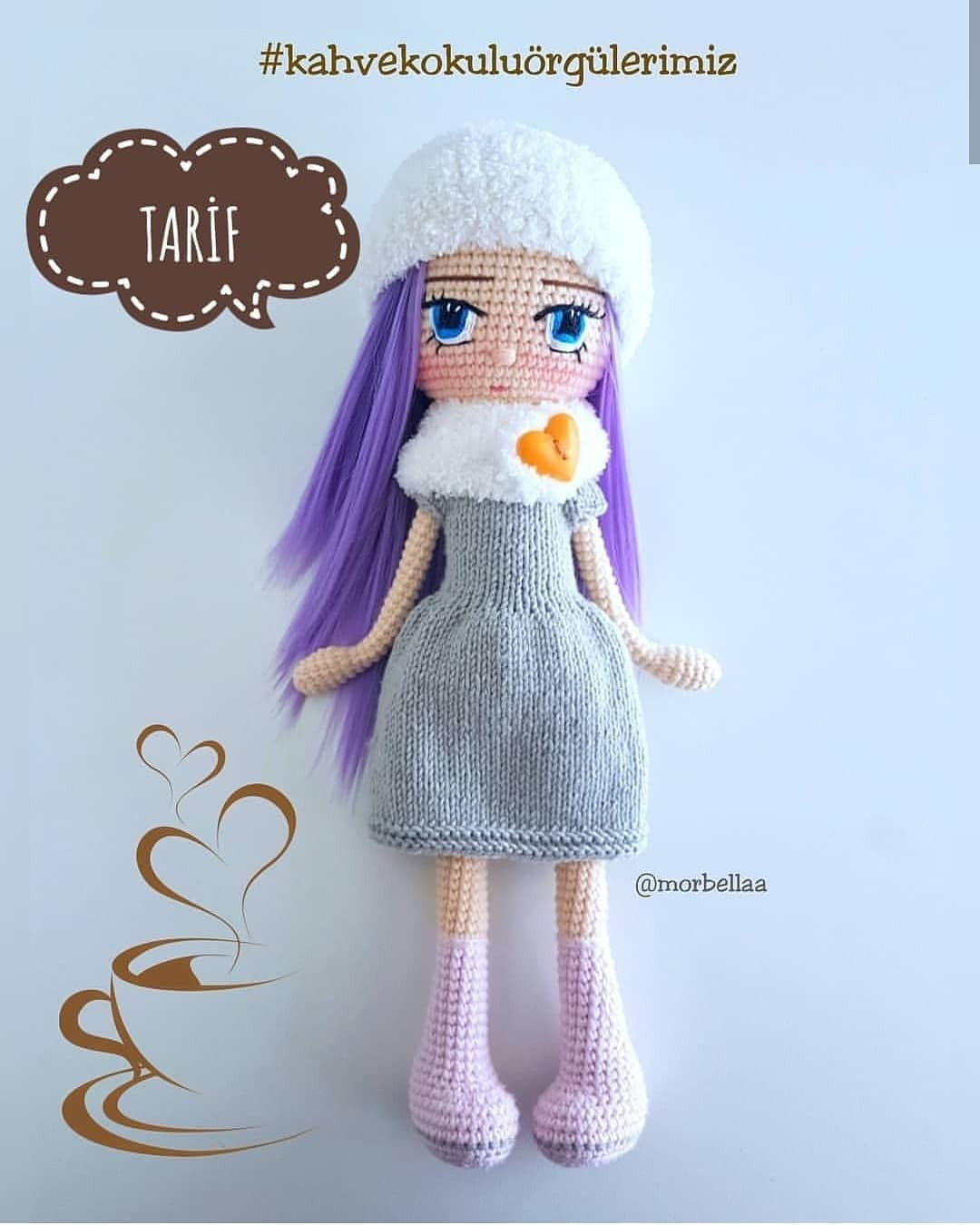 Hướng dẫn chi tiết cách móc búp bê amigurumi Bella Bebek với mái tóc tím và váy xám