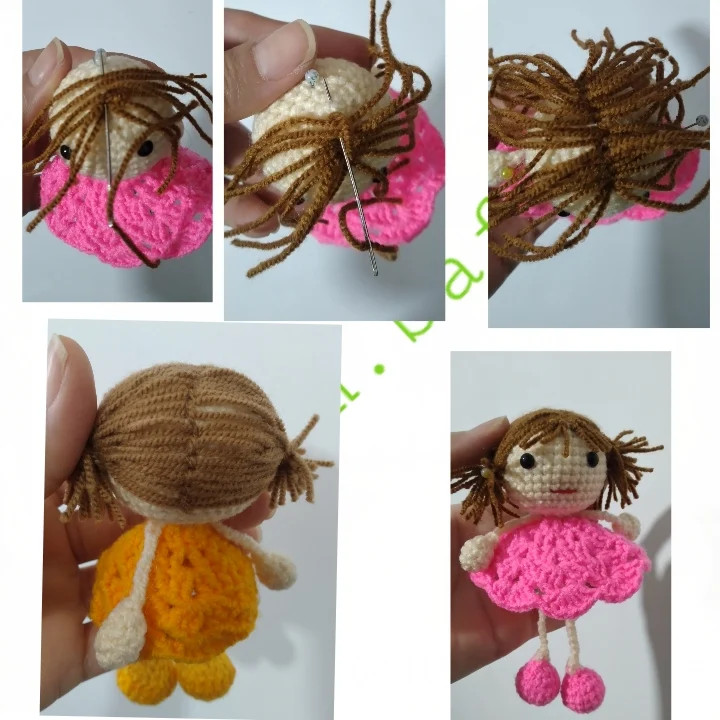 Hướng dẫn chi tiết cách móc búp bê amigurumi dễ thương với váy hồng và vàng, kèm sơ đồ từng hàng